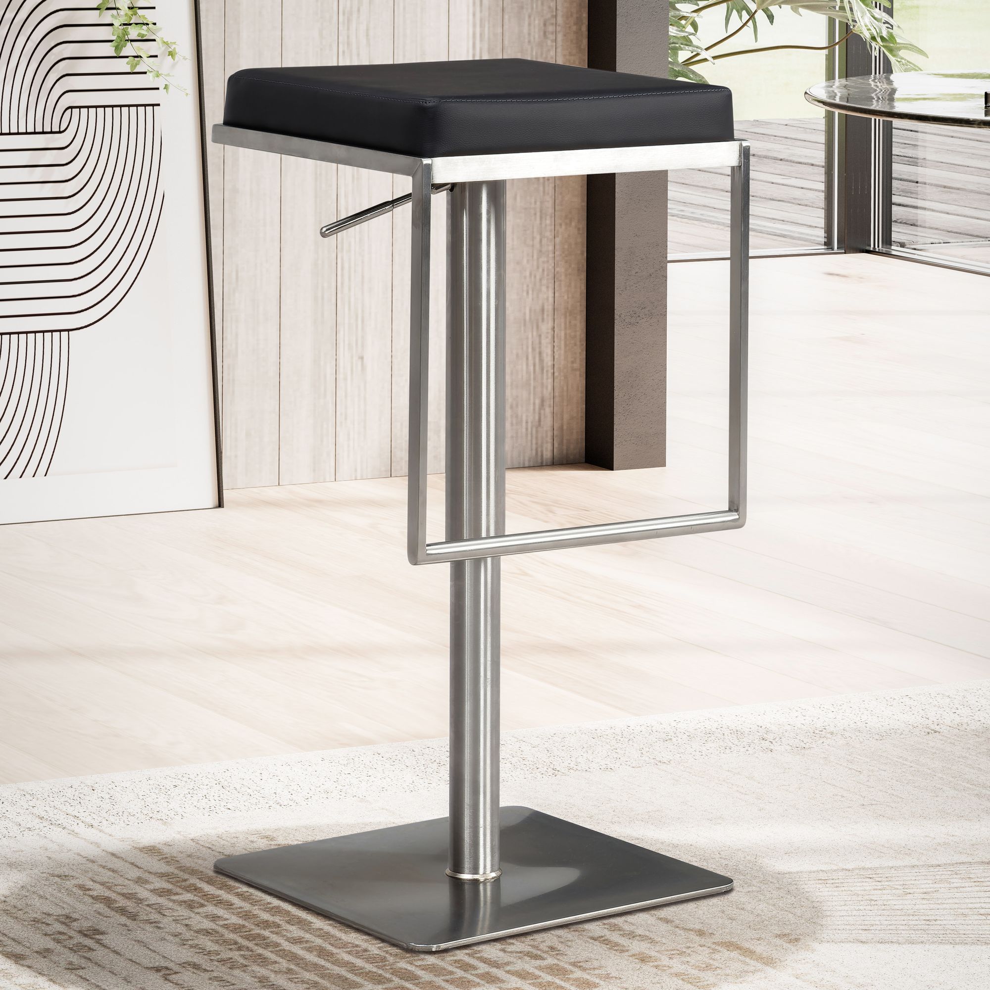 Czarny hoker barowy z ekoskóry z ramą ze stali nierdzewnej | Nowoczesny design | Tapicerowane, regulowane siedzisko (73-91 cm)