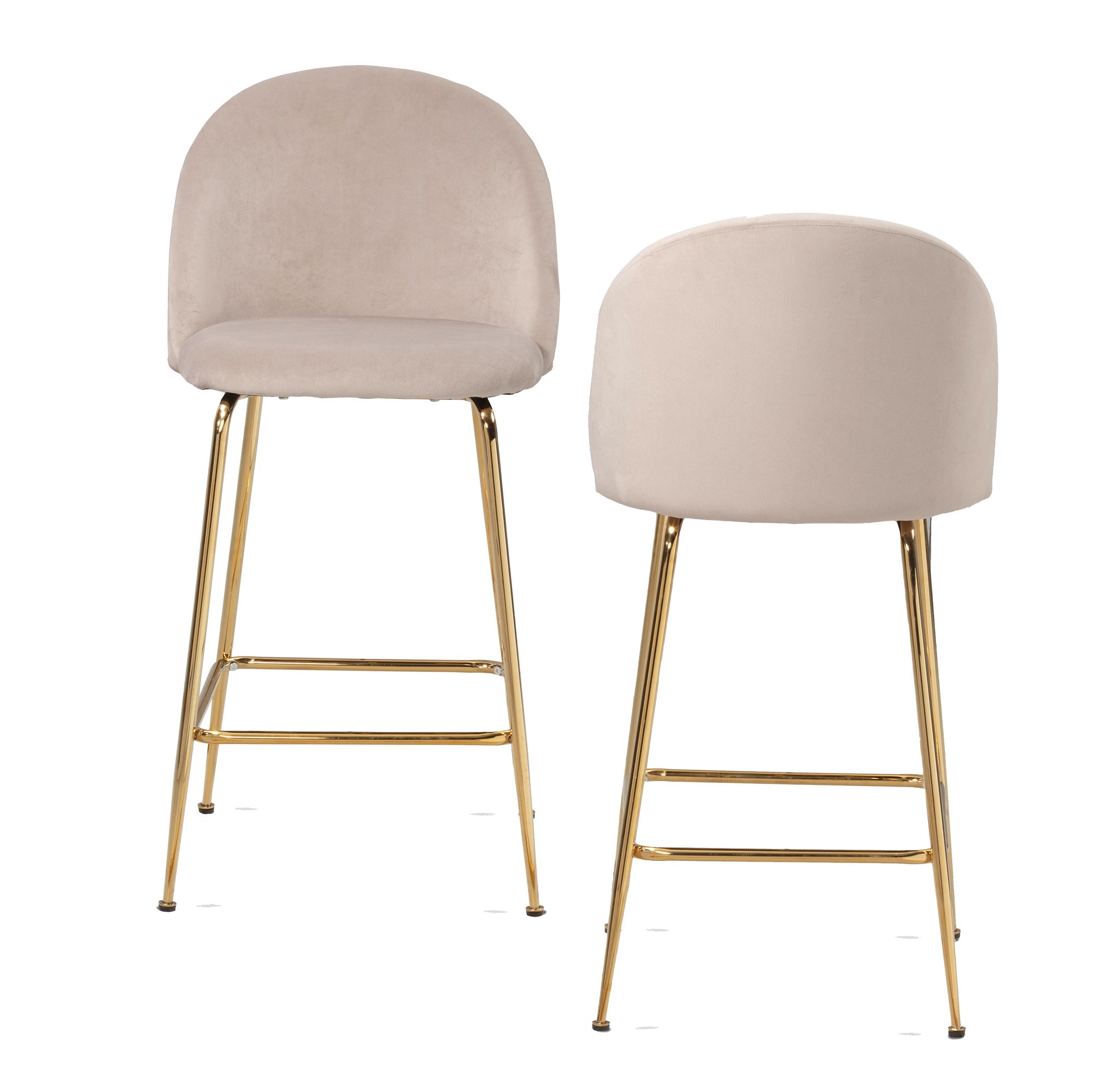 2-Piece Set Beige Velvet Bar Stools | Golden Metal Legs | 50x50x102 cm