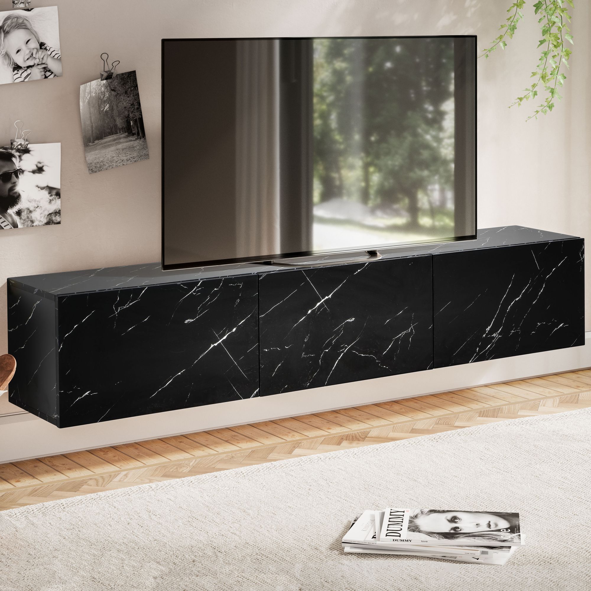Lowboard hanging marble look black 160x30x30 cm tv cabinet, design tv table with folding doors modern, tv cabinet wall, tv chest of drawers tv chest of drawers for hanging