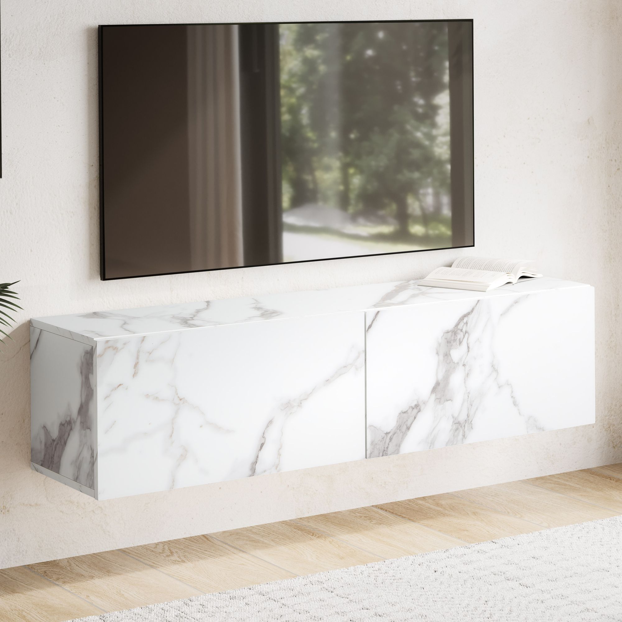 Lowboard hanging marble look white 120x30x30 cm tv cabinet, design tv table with folding doors modern, tv cabinet wall, tv chest of drawers tv chest of drawers for hanging