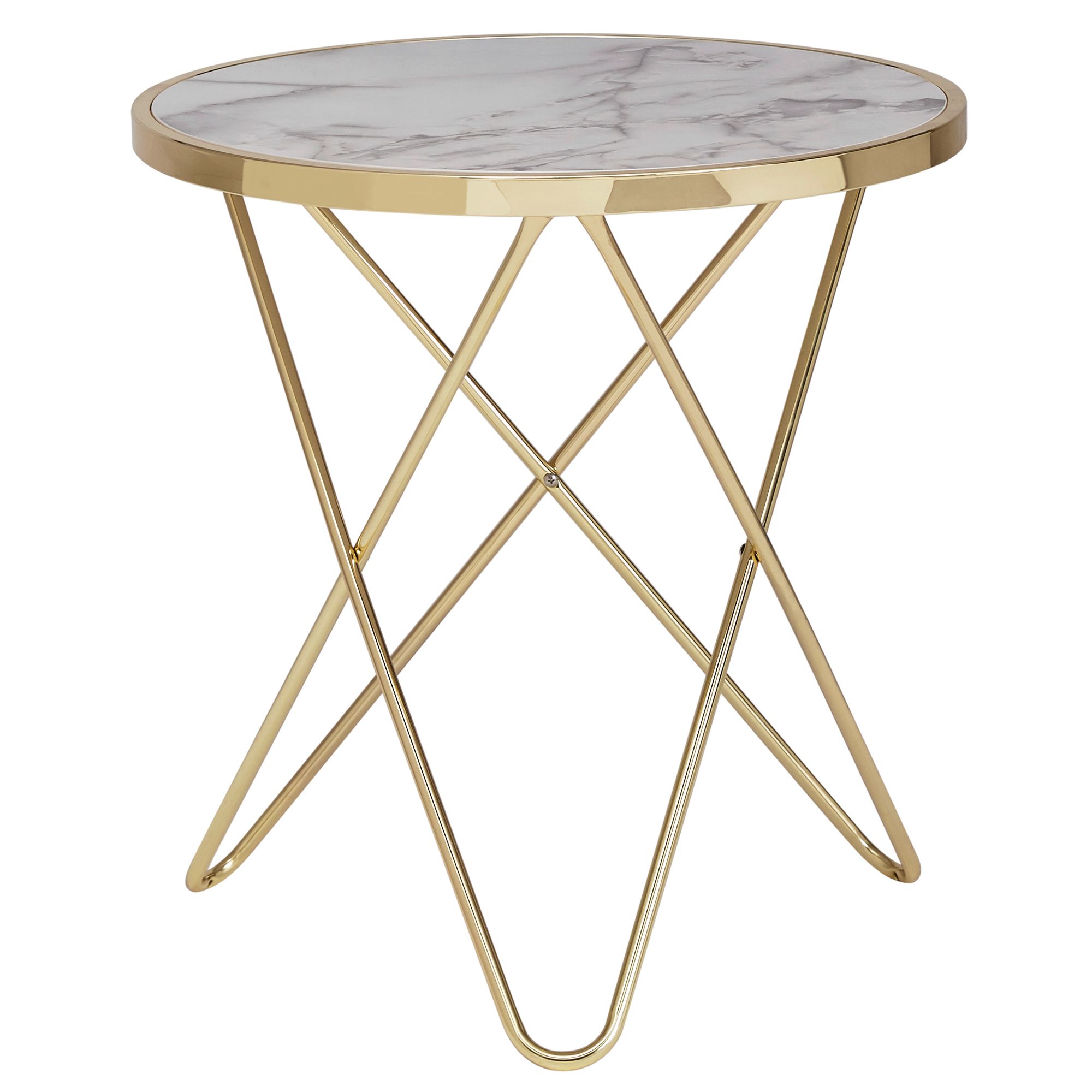 Design biały stolik boczny efekt marmur | Złota metalowa rama | Ø 55 cm