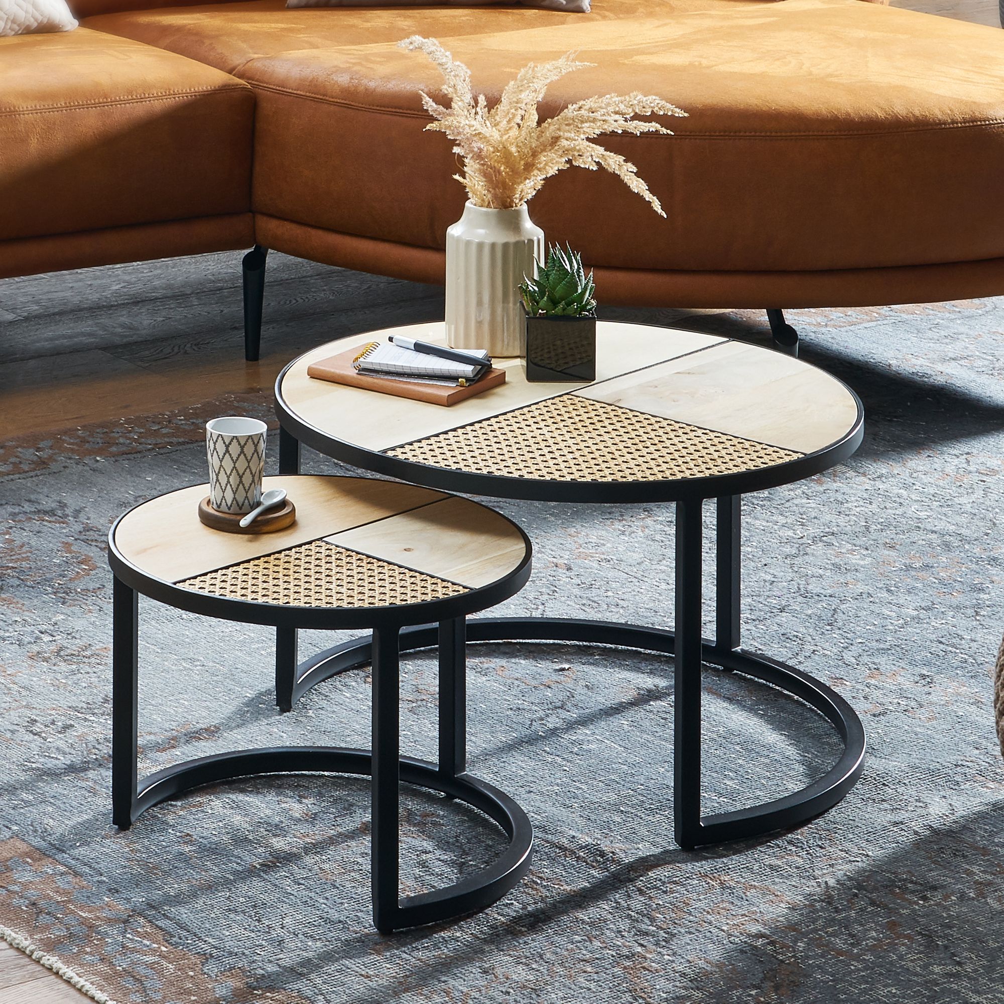2-Piece Round Design Side Tables Mango / Rattan | Matte Black Metal Legs | Wood / Metal Table Set