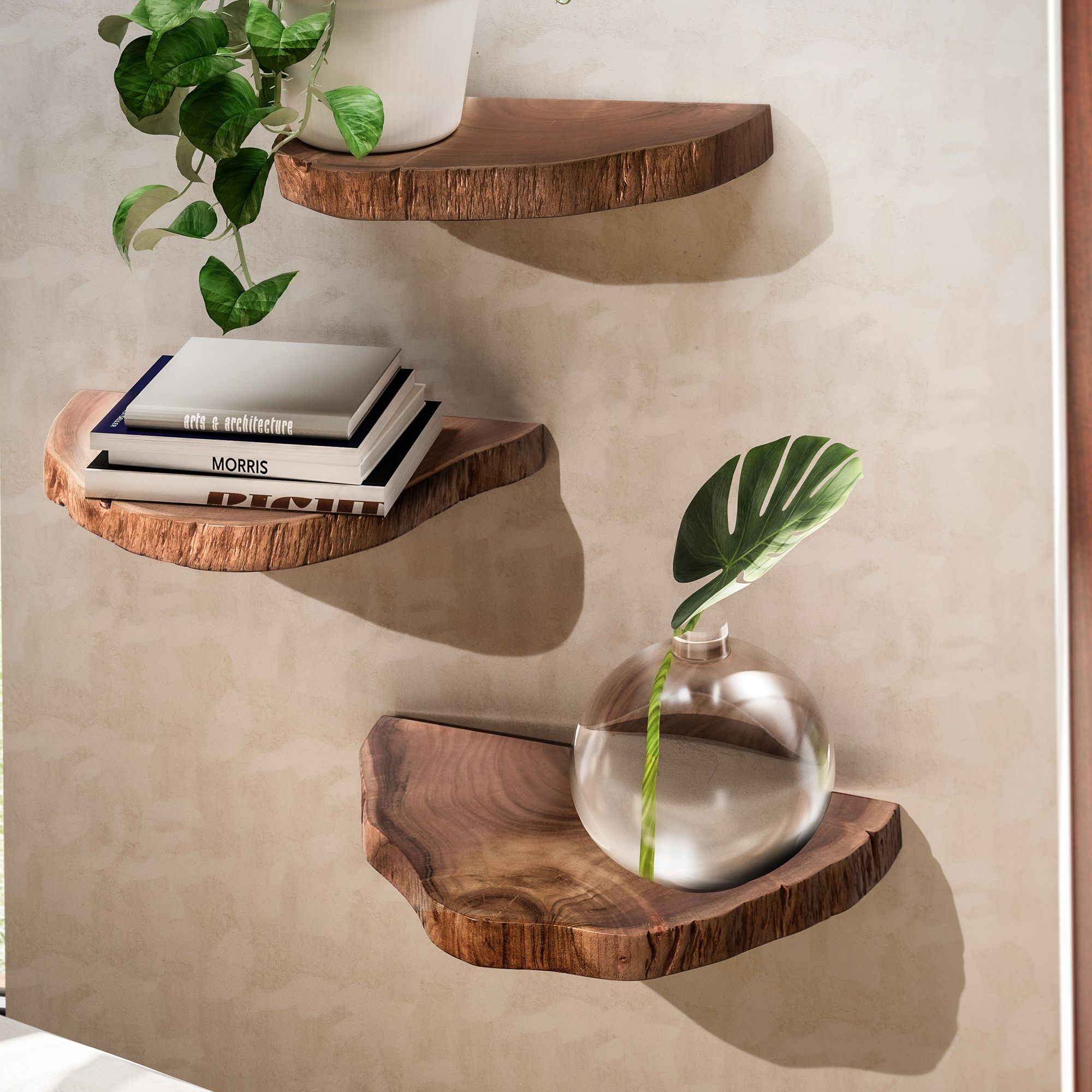 3-Piece Acacia Solid Wood Wall Shelf Set | Natural Light Brown | 44-49.5x4.5x21-26 cm