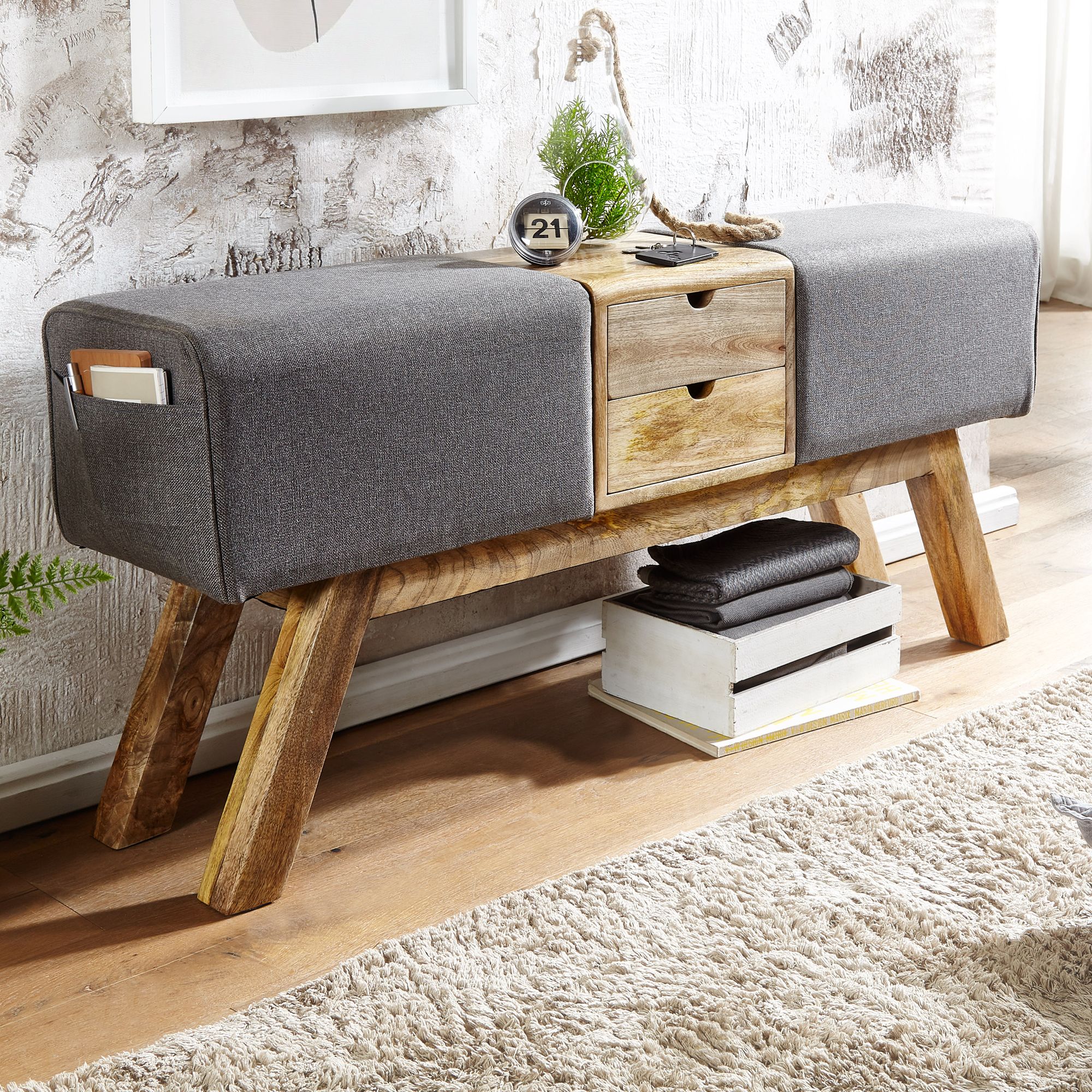 Design ławka turnbock szara z szufladami 120x56x30 cm