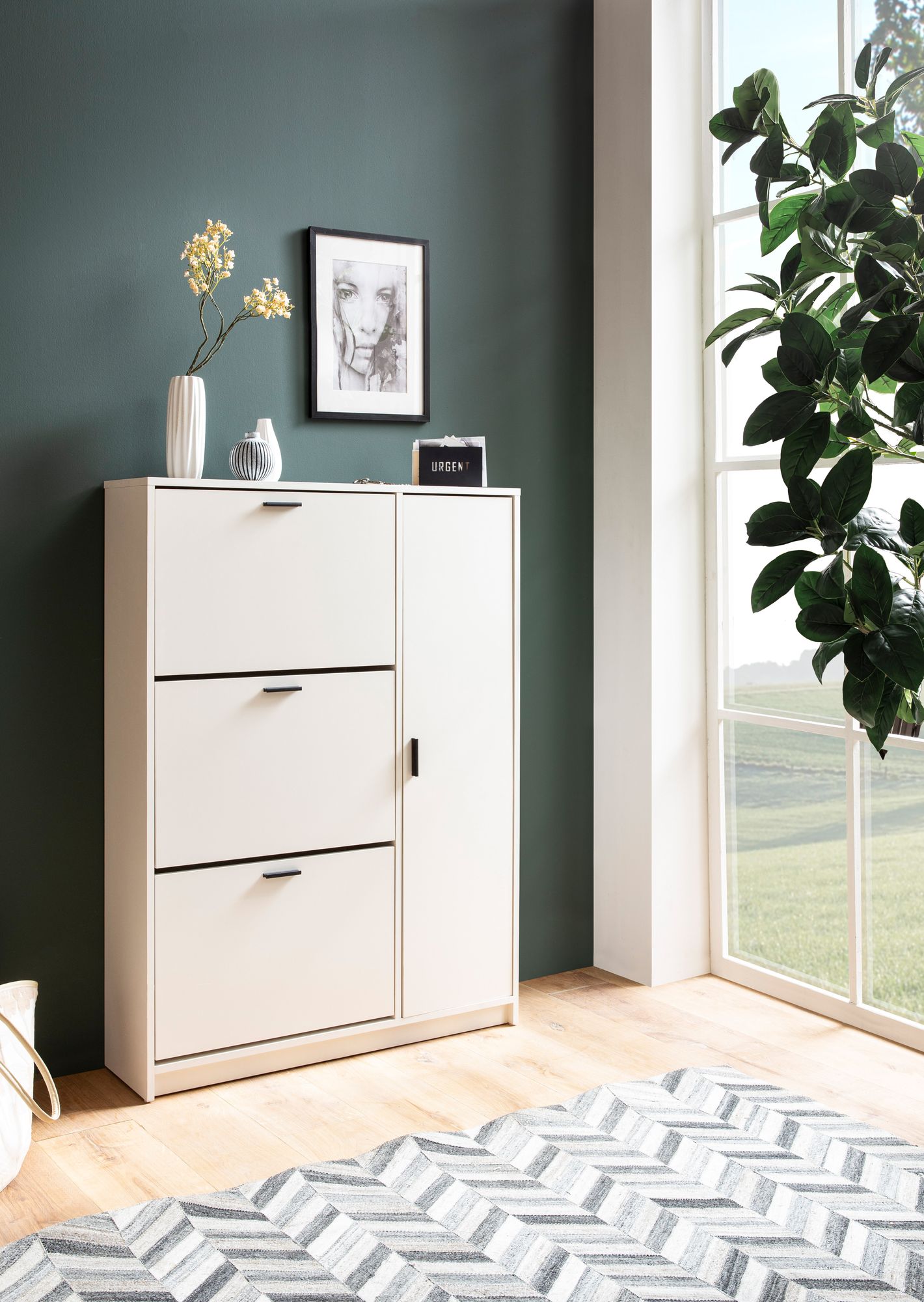 Biała Szafka Na Buty | 90x120x24 cm | Lakierowany MDF z Czarnymi Uchwytnami Biała Szafka Na Buty | 90x120x24 cm | Lakierowany MDF z Czarnymi Uchwytnami