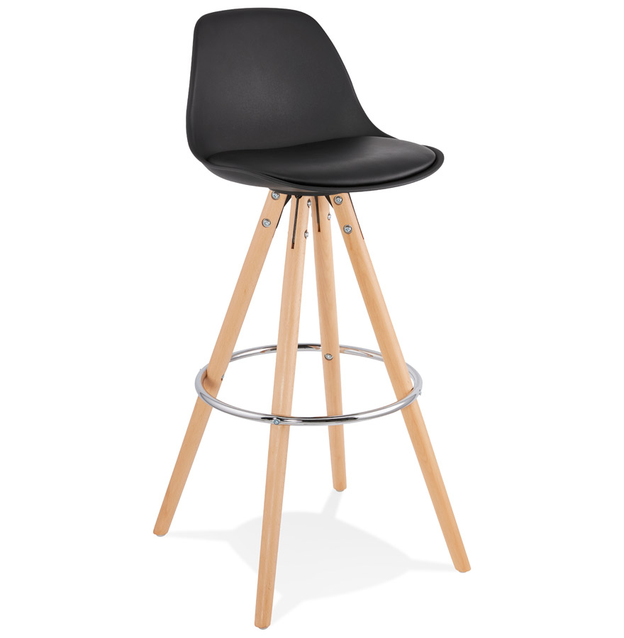 Czarny stołek barowy z drewna bukowego z metalową czarną podnóżkiem i 3 cm tapicerką | Styl designerski współczesny | 43x42x95 cm