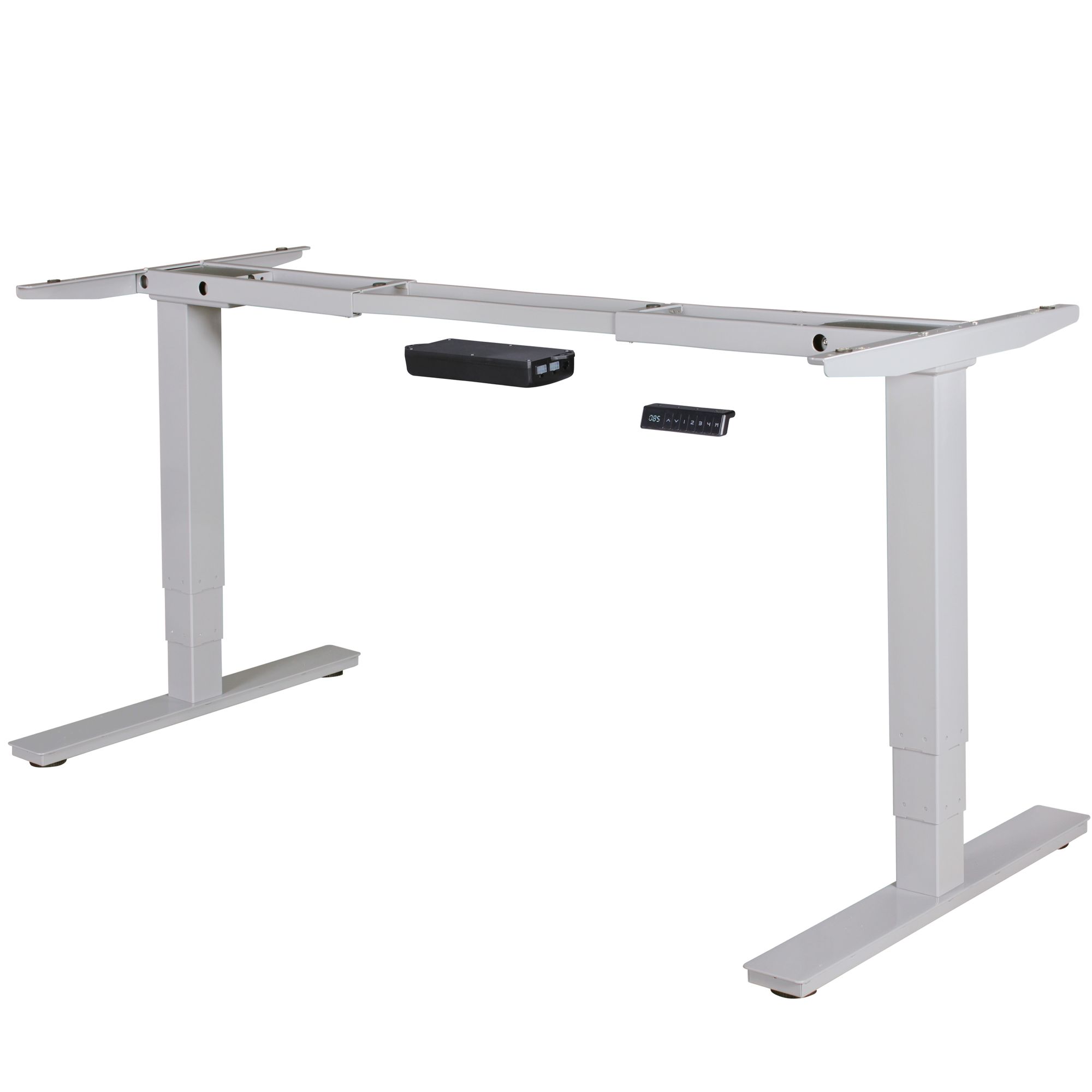 Electric height-adjustable desk frame 63-128 cm with memory function, silver T-leg design, adjustable width 105-182 cm