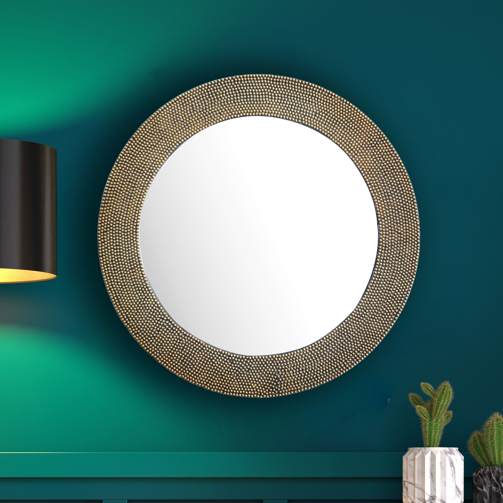 Lustro ścienne 60 cm metalowe lustro wiszące złote, aluminiowe lustro dekoracyjne okrągłe z perłową ramą, duże lustro ścienne, lustro w przedpokoju lustro do garderoby nowoczesne