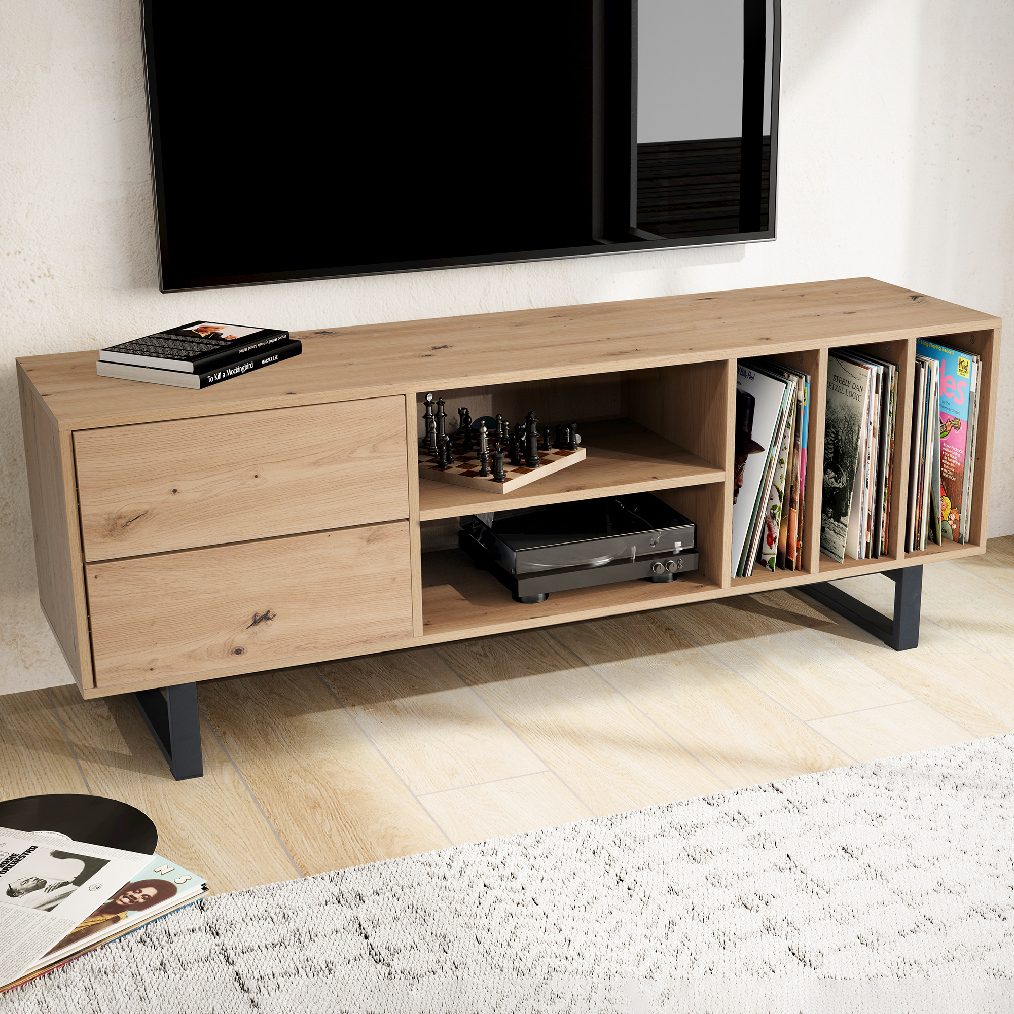 Lowboard oak decor 150x55x40 cm tv cabinet modern, designer tv cabinet high, tv table tv cabinet with drawers & shelf, tv cabinet living room