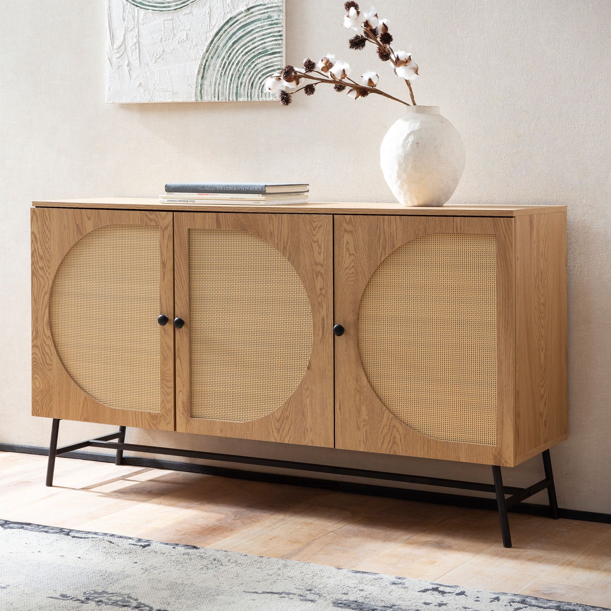 Kredens 140x80x39 cm komoda z szufladami dekor dębowy ze splotem rattanowym nowoczesna, wysoka komoda, szafka stojąca z 3 drzwiami, kredens dzienny