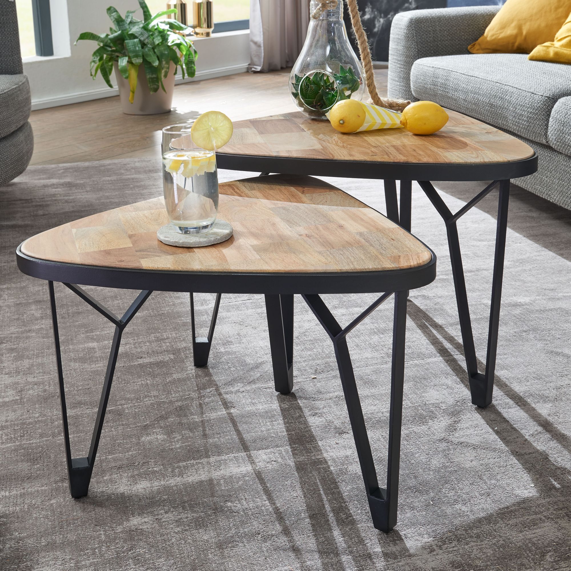 2-Piece Coffee Table Set | Solid Mango & Acacia Wood Brown | Matte Black Metal Legs | 60x60x45 cm & 50x50x40 cm