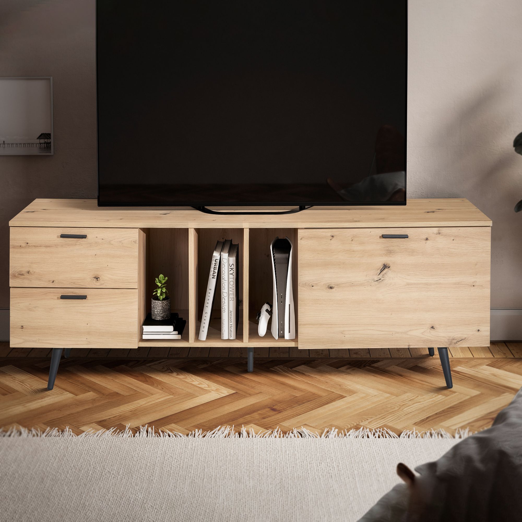 Lowboard oak decor 150x55x40 cm design tv cabinet modern, tv cabinet high, tv table tv cabinet with door & drawers, tv cabinet living room modern