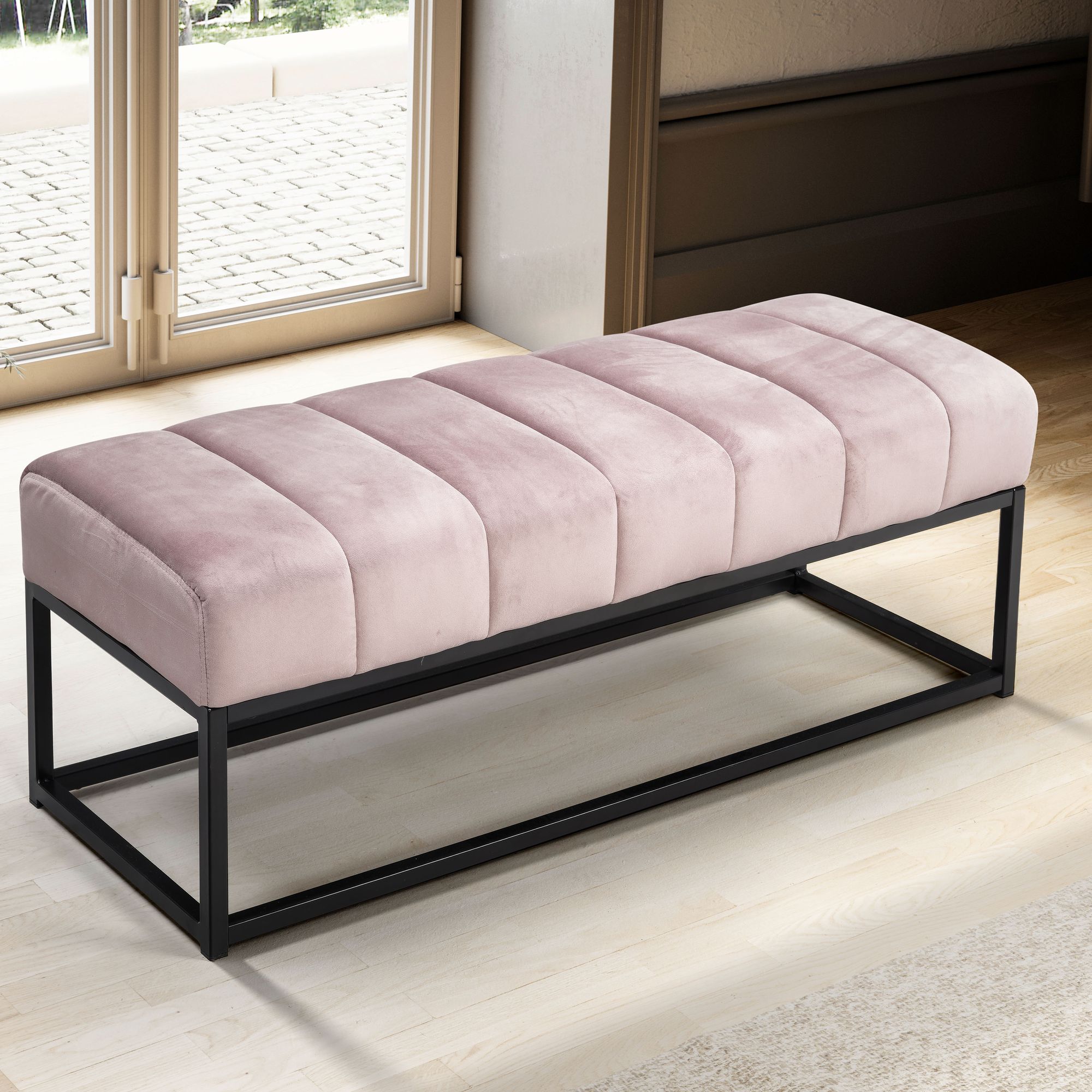 Ławka  velvet pink 108x40x40 cm ławka tapicerowana do przedpokoju z metalową ramą, designerska ławka do łóżka sypialnia pikowana, ławka do przedpokoju ławka do szafy nowoczesna