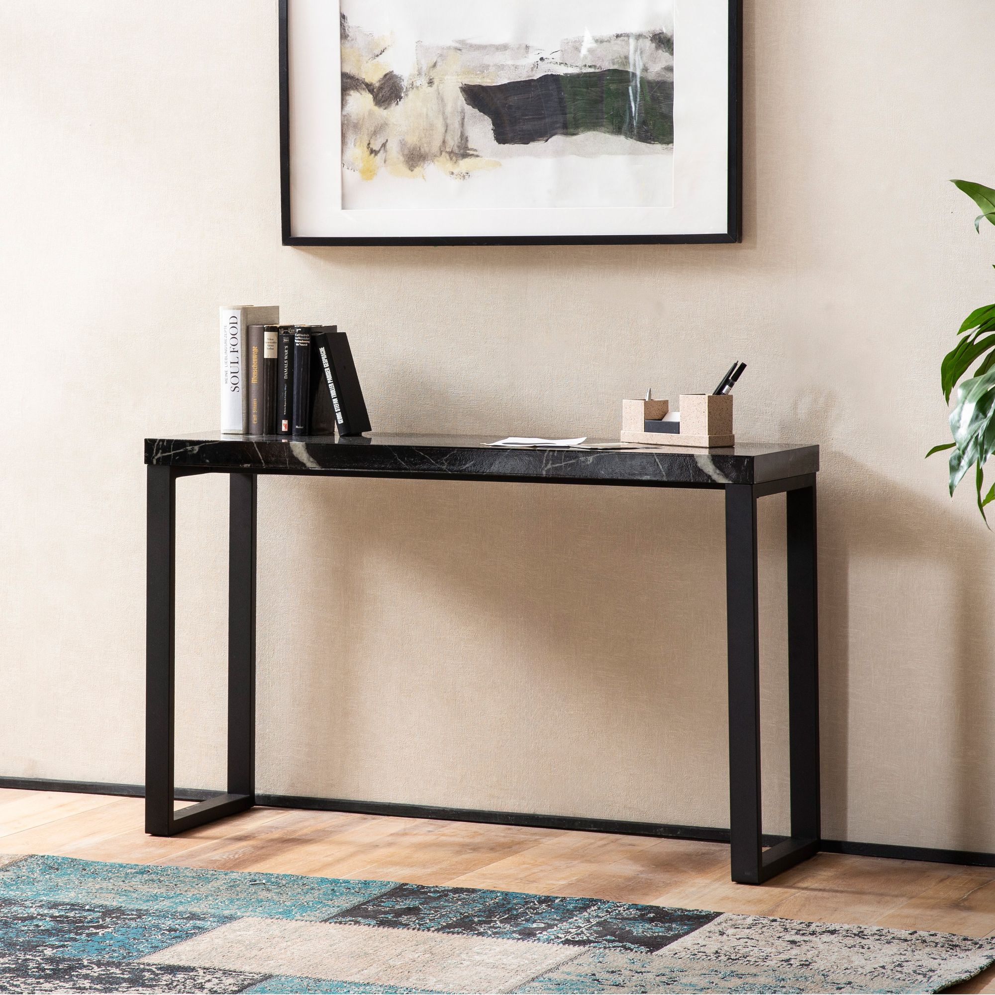 Stół konsolowy wygląd marmuru czarny wysoki połysk 120x40x76 cm designerski kredens przedpokój, wąski stół do przechowywania, stół do przedpokoju z metalowymi nogami, długi wysoki stół do przedpokoju, małe biurko