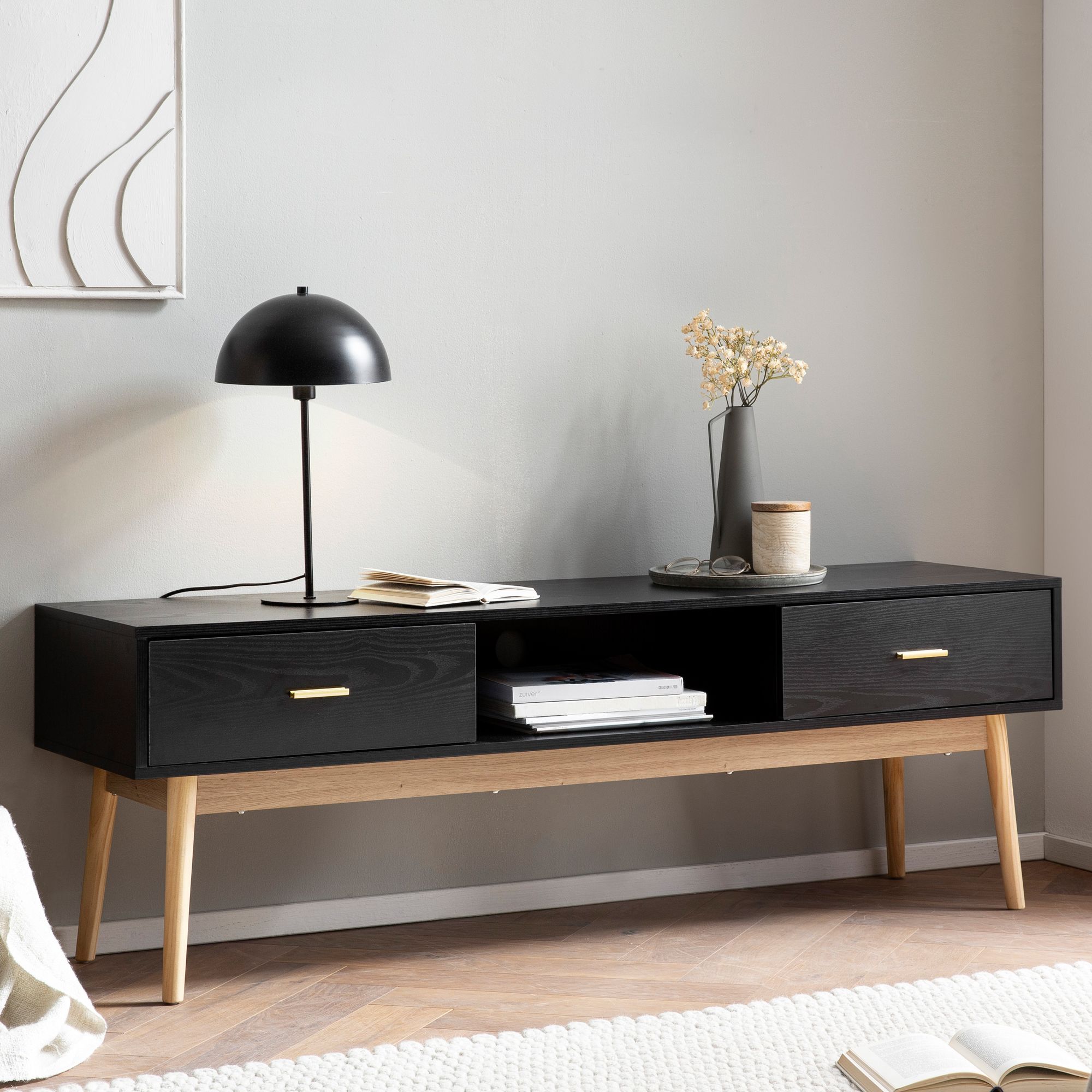 Lowboard black with oak decor 150x50x40 cm tv cabinet modern, designer tv cabinet high, tv table tv cabinet with drawers & storage compartment, tv cabinet living room