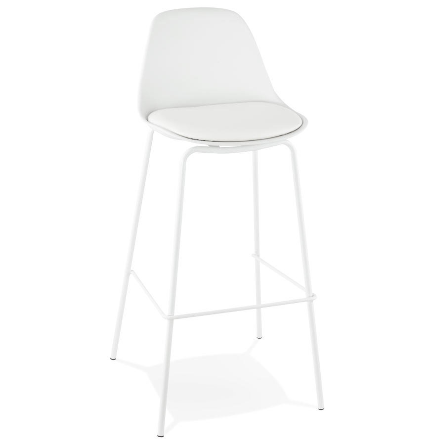Biały metalowy stołek barowy z tapicerowanym białym siedzeniem z ekoskóry | Styl industrialny | 44,5x44,5x95,5 cm