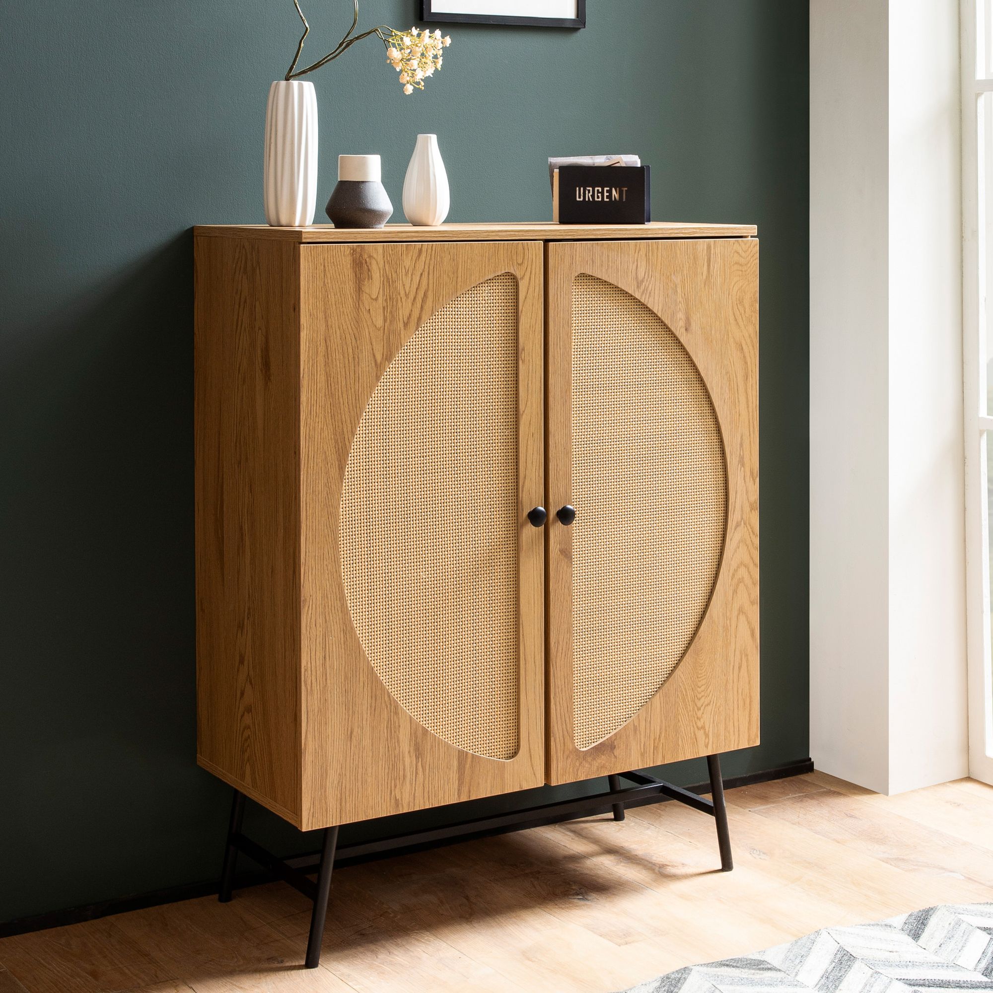 Kredens 80x103x39 cm wysoka komoda dekor dębowy ze splotem rattanowym nowoczesna, wysoka komoda, szafka stojąca z 2 drzwiami, komoda komoda salon