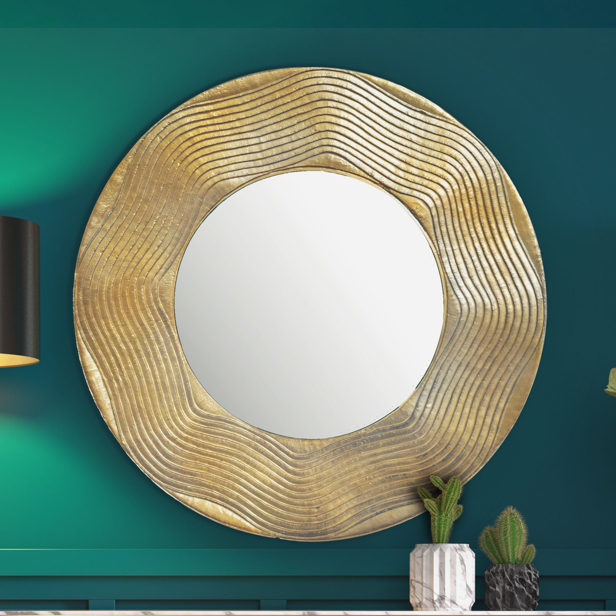 Lustro ścienne 74 cm metalowe lustro wiszące złote, aluminiowe lustro dekoracyjne okrągłe z ramą z wzorem fal, duże lustro ścienne, lustro w przedpokoju lustro do szafy nowoczesne