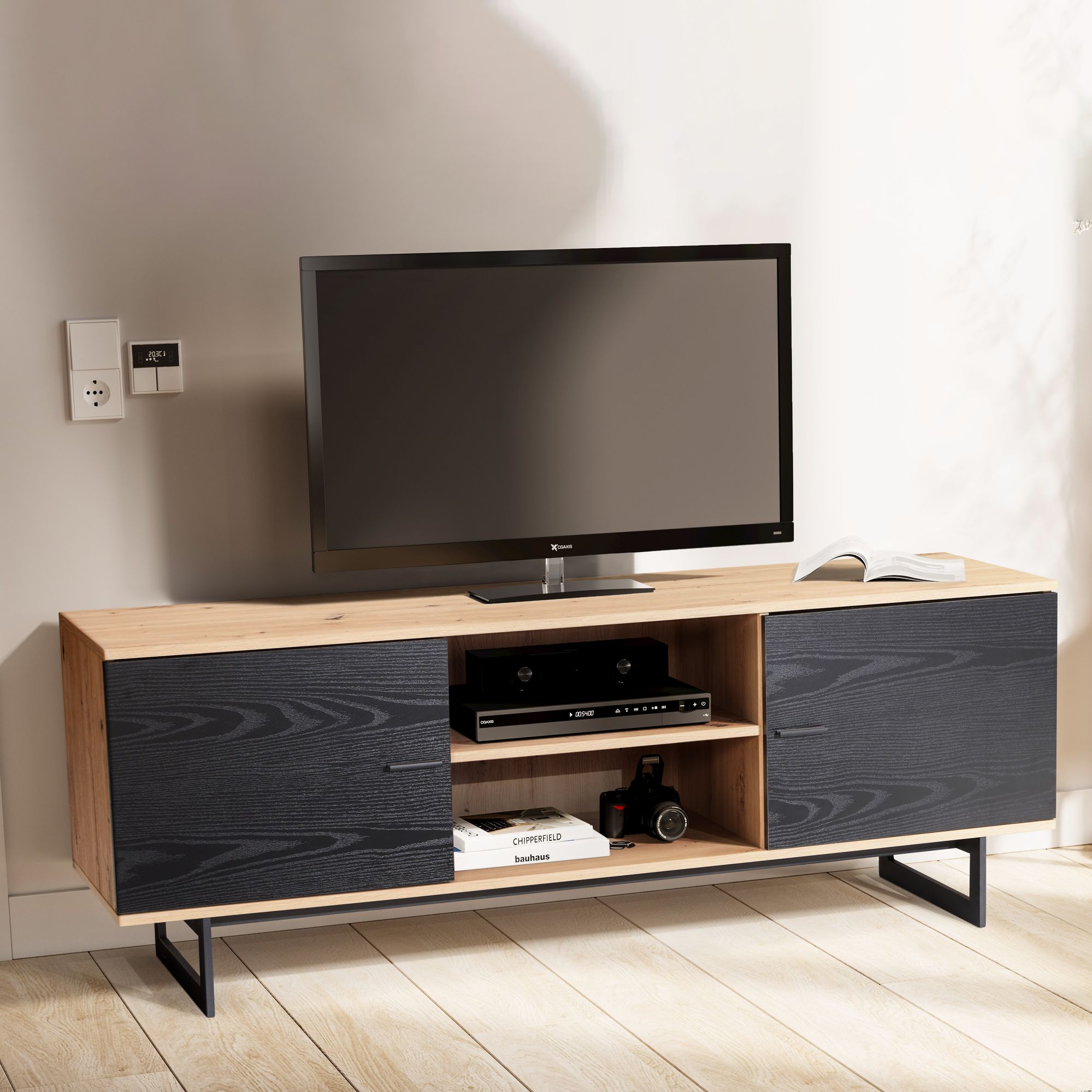 Lowboard oak decor black 150x55x40 cm tv cabinet modern, designer tv cabinet high, tv table tv cabinet with two doors, tv cabinet living room