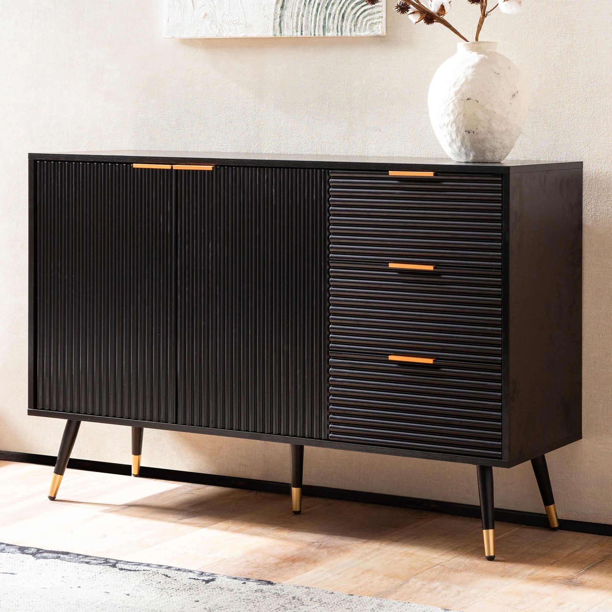 Kredens  120x80x40 cm kredens czarny z dekorem dębowym, komoda z drzwiami i szufladami, komoda przedpokój nowoczesna, szafka stojąca salon metalowe nogi