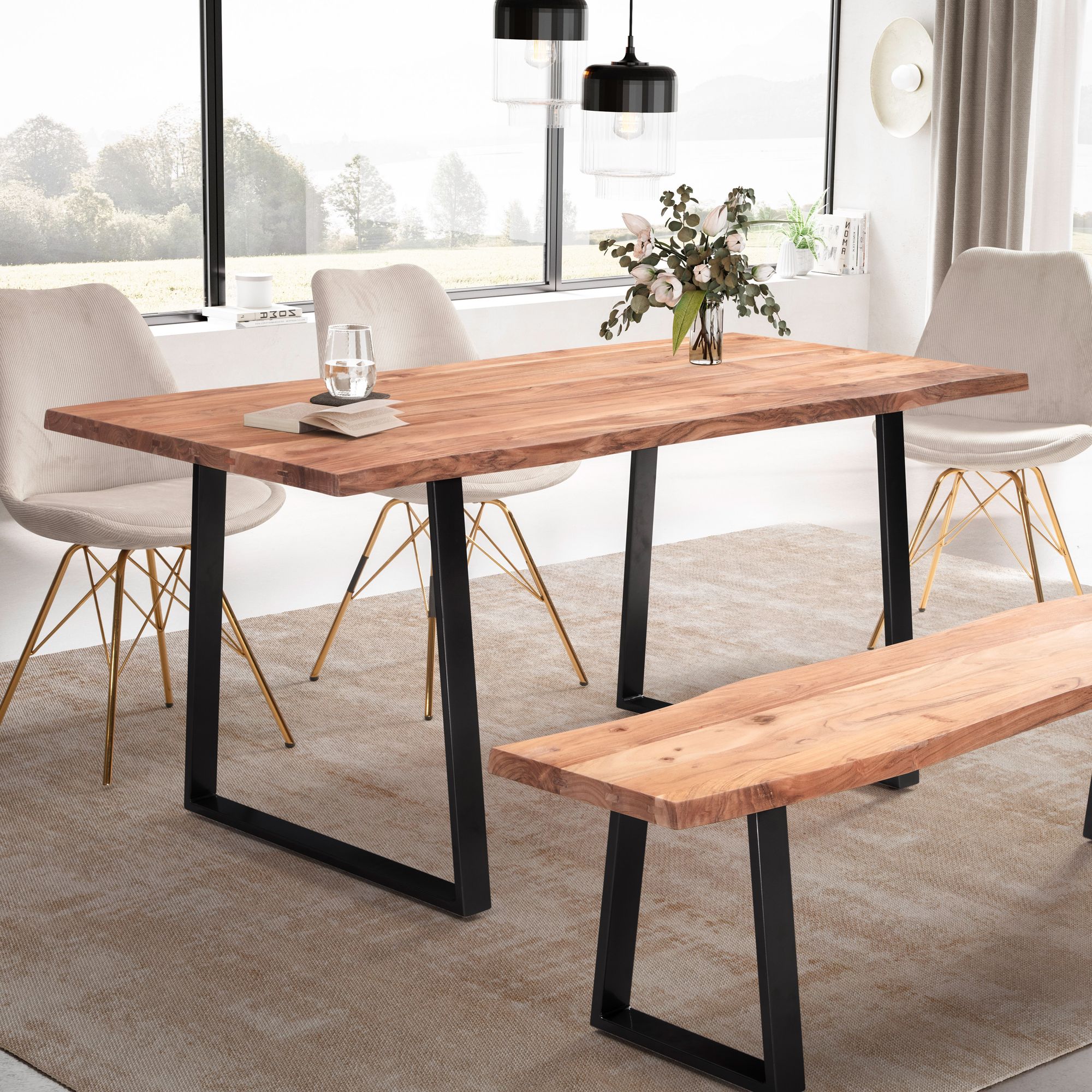 Dining room table 120x60x76 cm acacia solid wood / metal dining table tree edge, solid kitchen table with trapezoid legs in black, wooden table dining table dining room rectangular