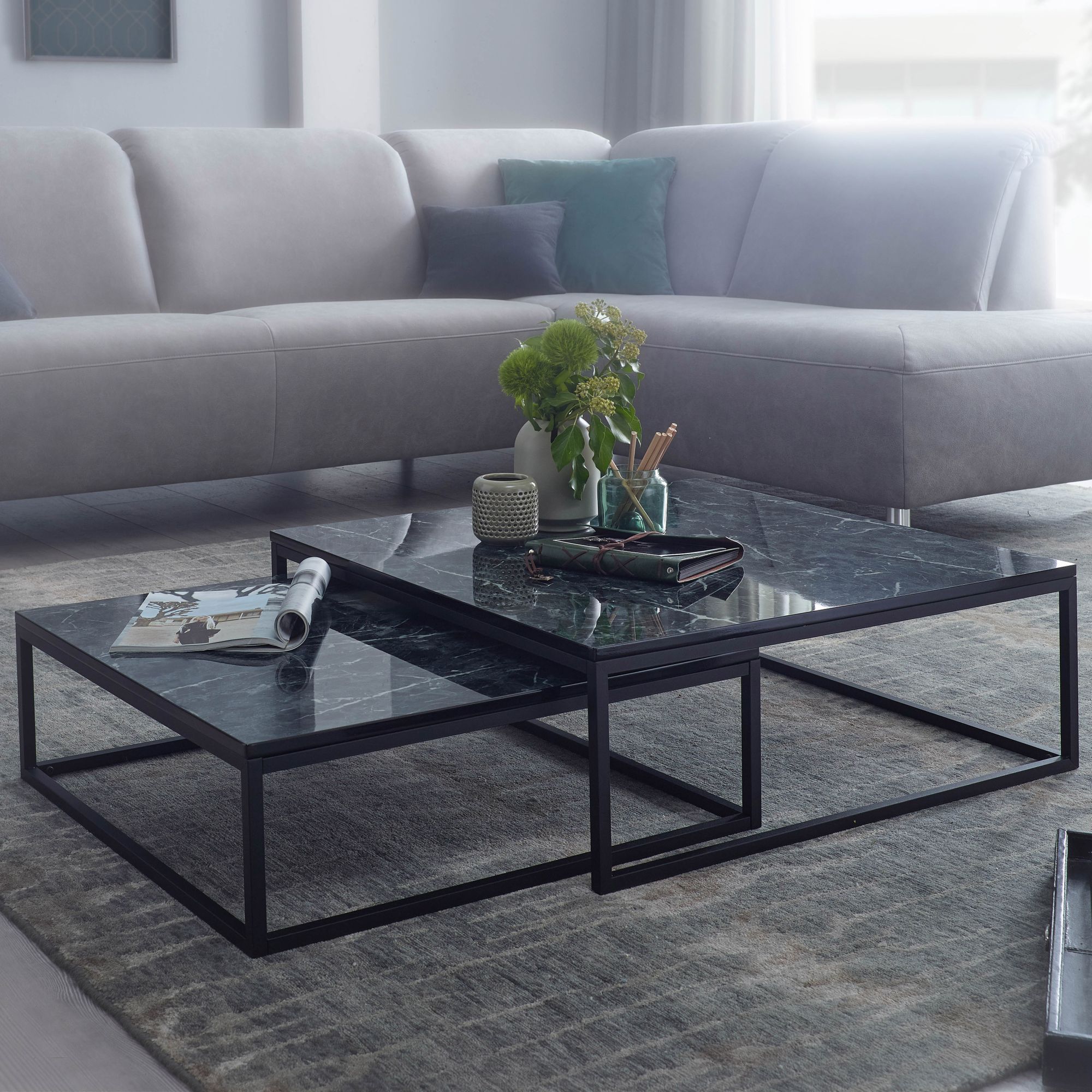 2-Piece Set Square Coffee Tables 75x27 cm & 65x22 cm | Black Glossy Marble Effect Tops | Matte Black Metal Frames
