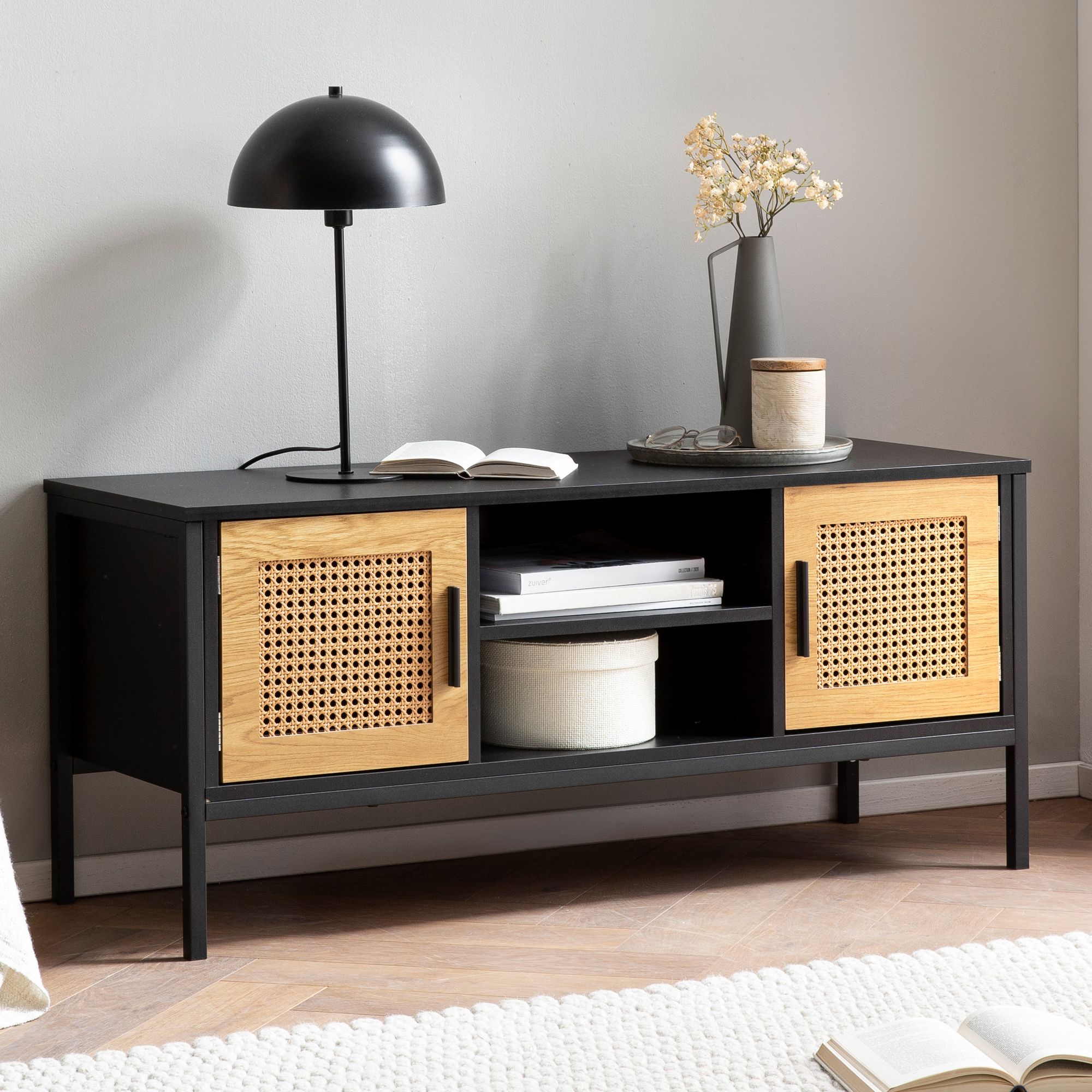 Lowboard black / oak with viennese wickerwork 110x48x40 cm tv cabinet timeless, designer tv cabinet high, tv table tv cabinet with doors, tv cabinet living room rattan