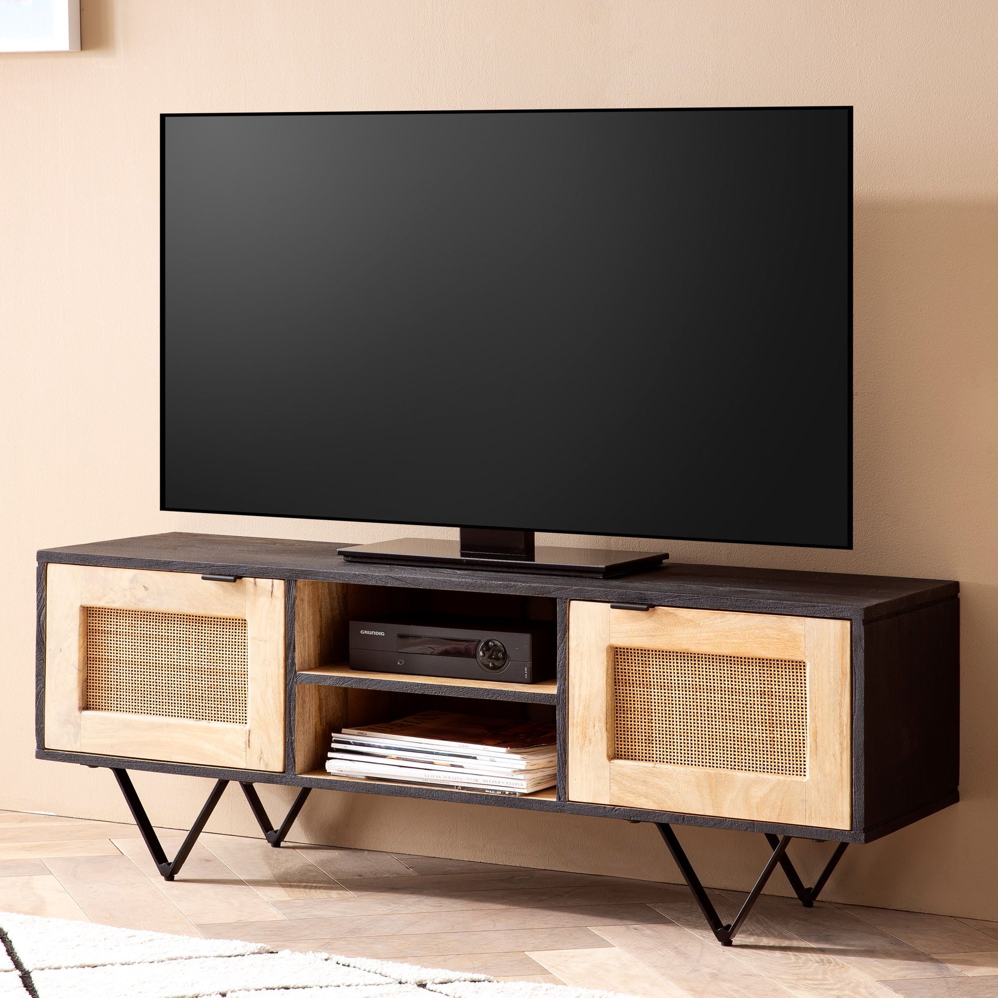 Lowboard mango solid wood / rattan 120x44x35 cm tv chest of drawers with two doors