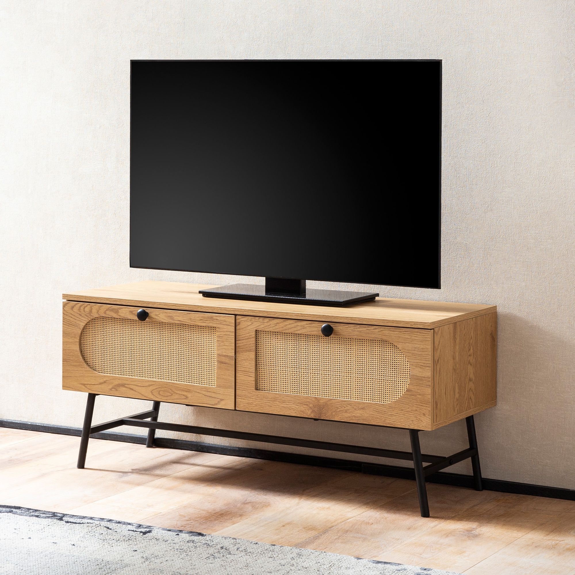 Lowboard 100x45x40 cm tv cabinet with oak decor & rattan, designer tv cabinet high with drawers, tv table tv cabinet, tv cabinet living room