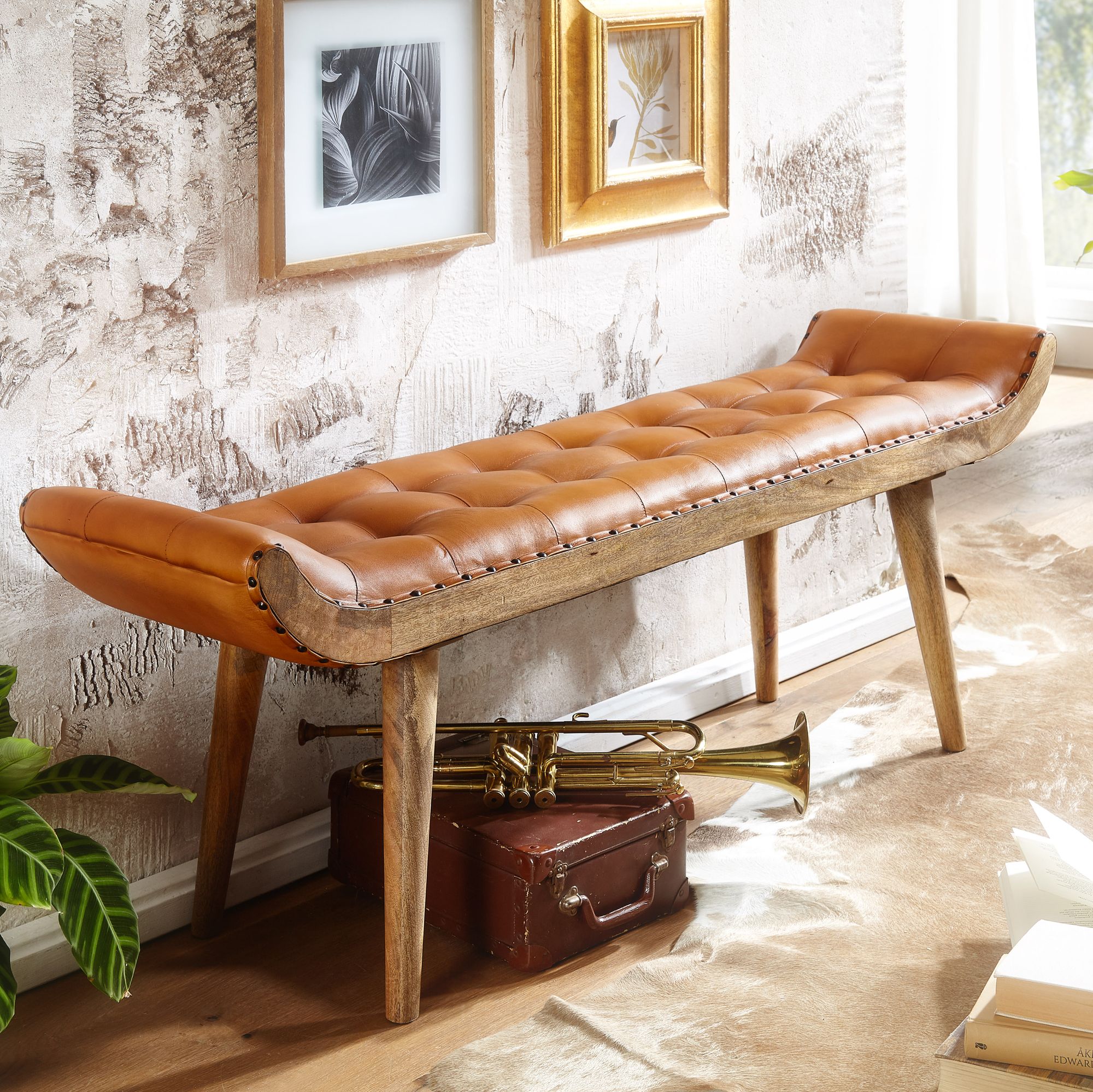 Bench real leather / solid wood bench brown 125x50x38 cm chesterfield