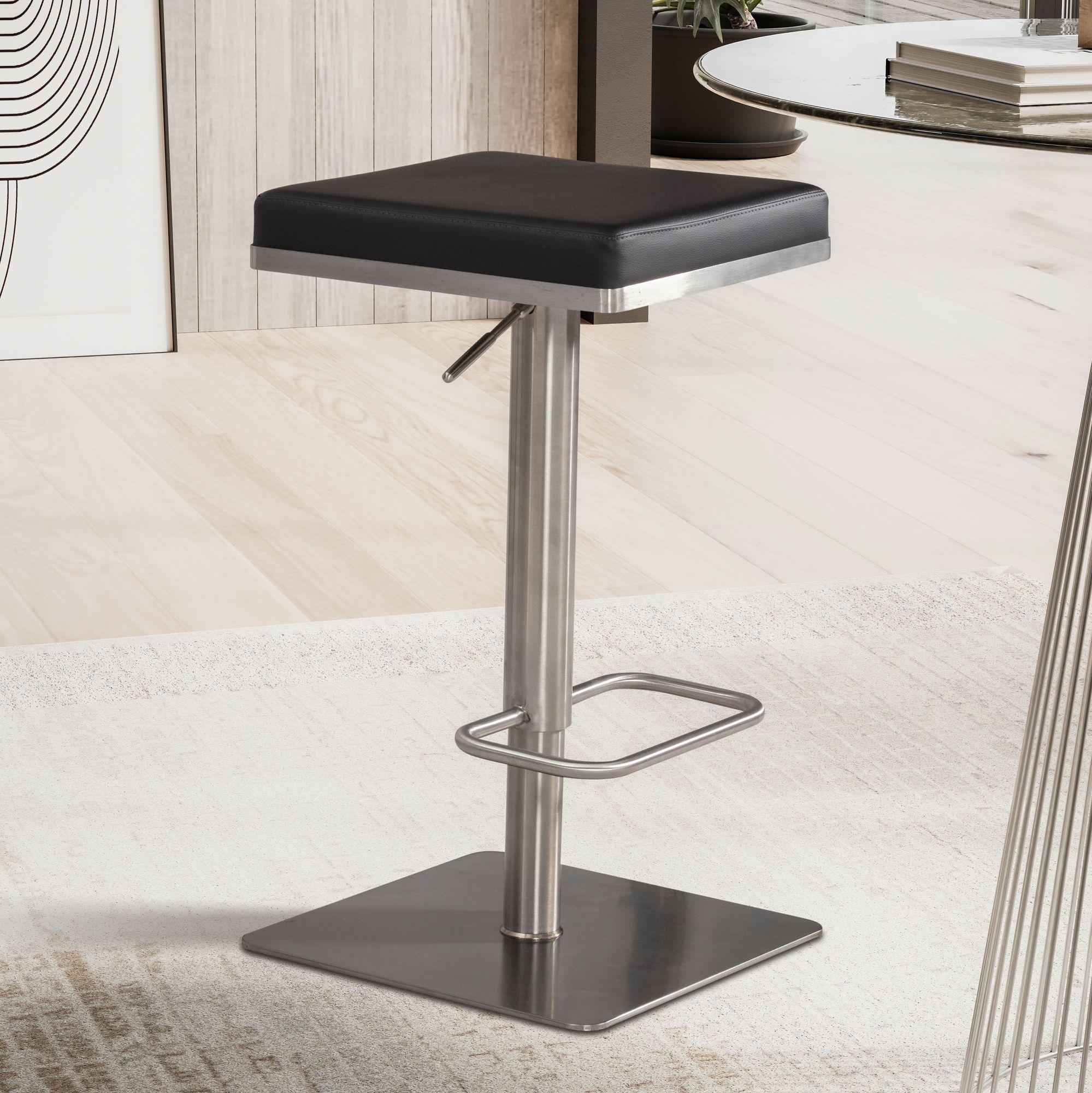 Czarny hoker barowy z ekoskóry i ramą ze stali nierdzewnej | Nowoczesny design | Tapicerowane regulowane siedzisko (53-82 cm)