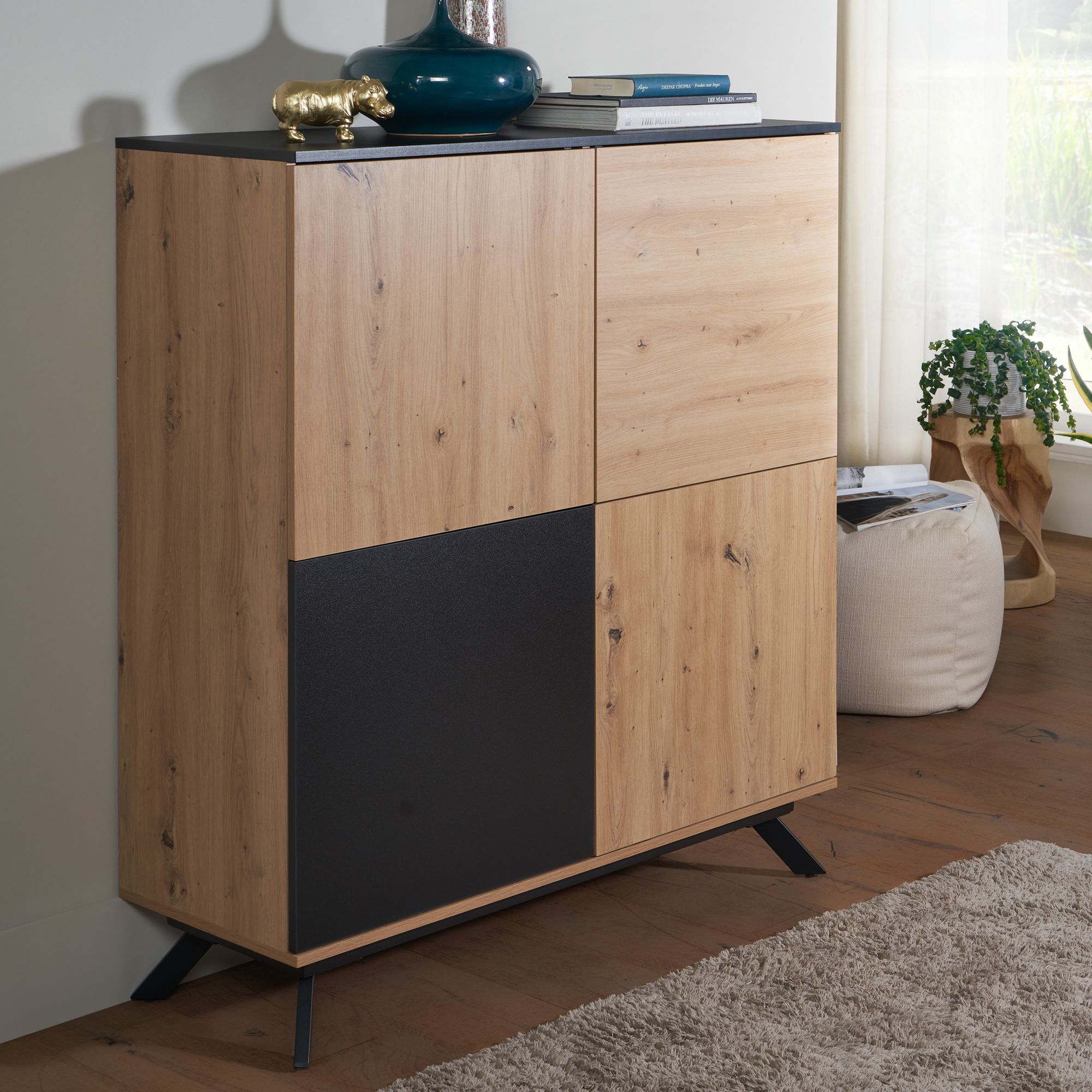 110x125x40 cm kredens mdf w dekorze dębowym / czarnym