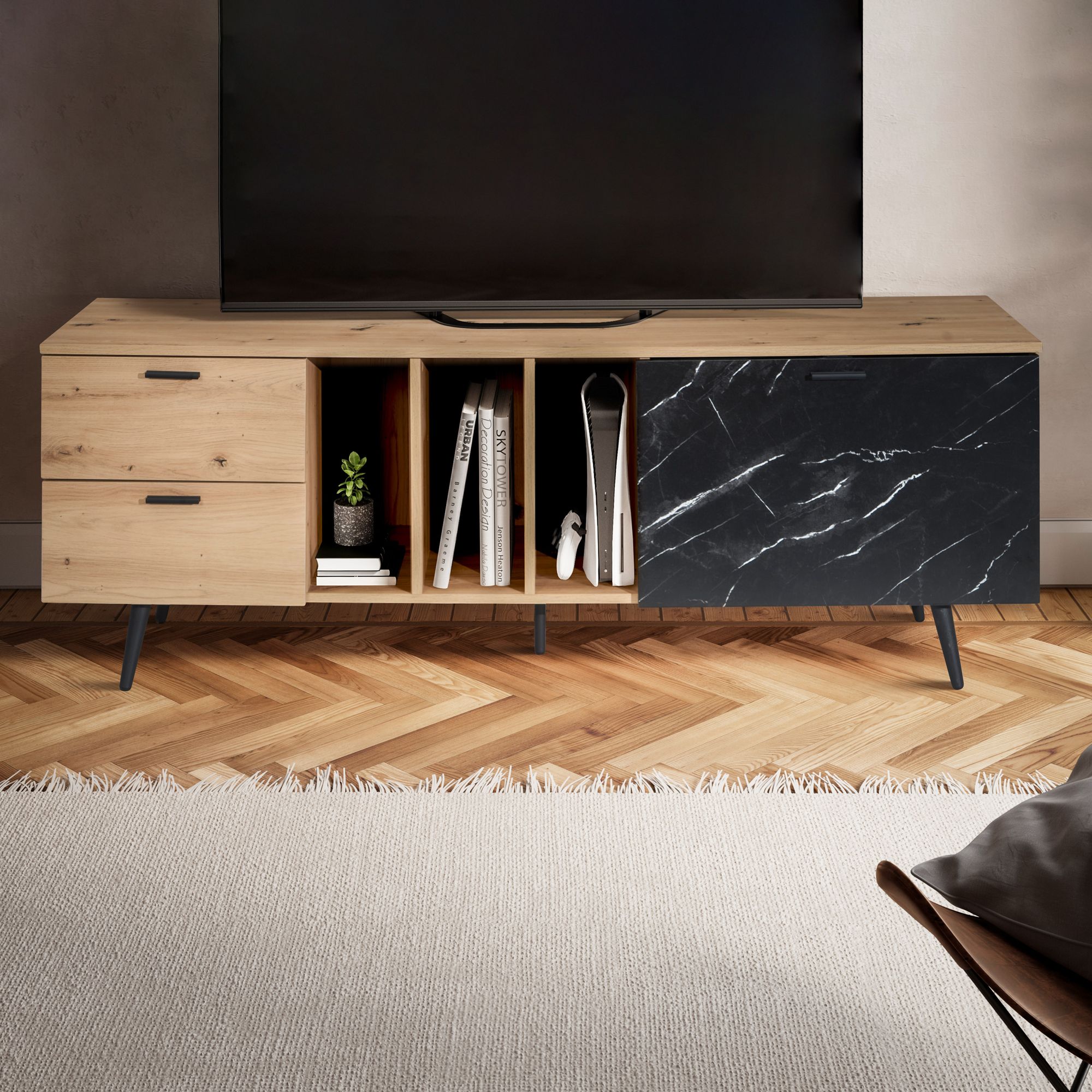 Dekor dębowy niski z marmurowym wykończeniem w kolorze czarnym 150x55x40 cm szafka tv, designerska szafka tv wysoka nowoczesna, stolik tv szafka tv z drzwiami i szufladą, szafka tv salon nowoczesny