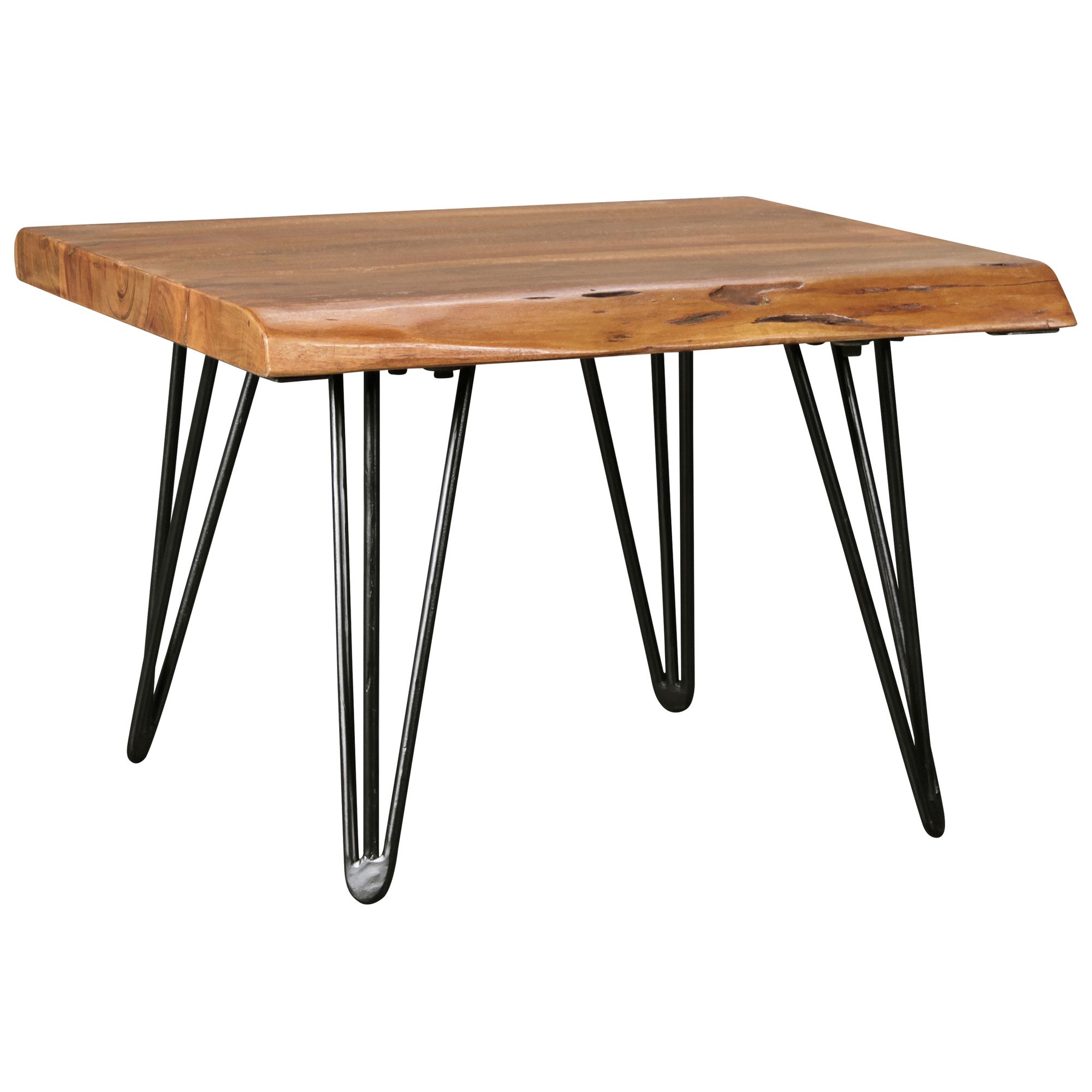 Designerski stolik kawowy z litego drewna Sheesham z naturalnym brzegiem, czarne metalowe nogi | 56 x 38 x 51 cm