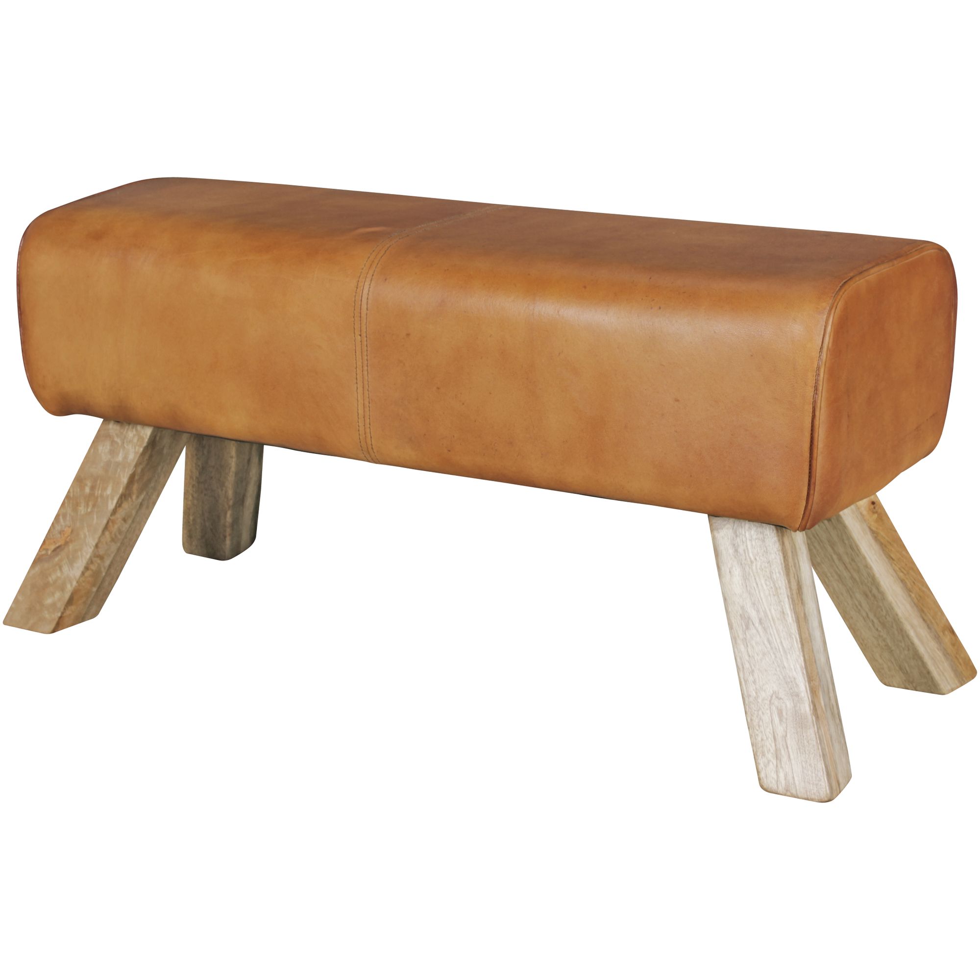 Design Stool Genuine Brown Leather & Mango Wood | 90 x 43 x 30 cm