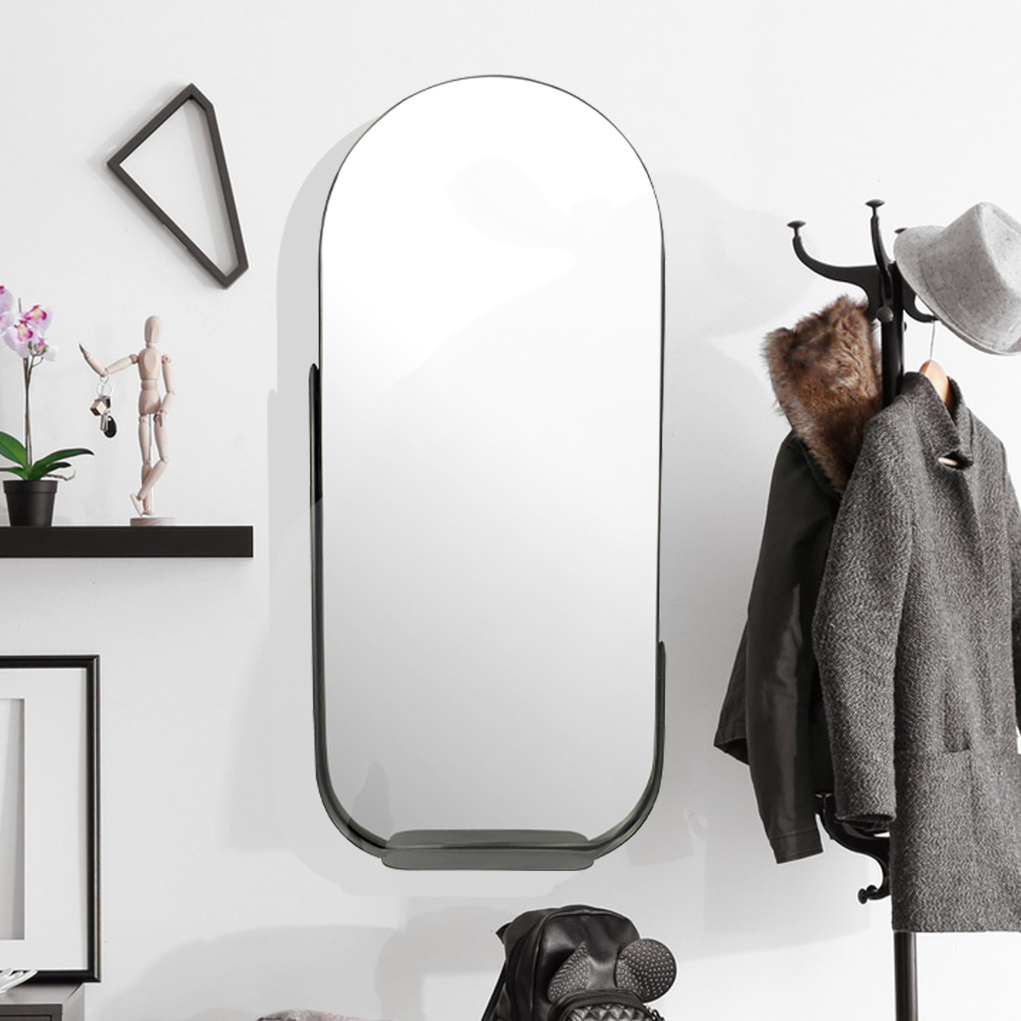 Lustro ścienne  51x114 cm metalowe lustro wiszące czarne, żelazne lustro dekoracyjne owalne z ramą i półką, duże lustro ścienne, lustro w przedpokoju lustro do garderoby nowoczesne
