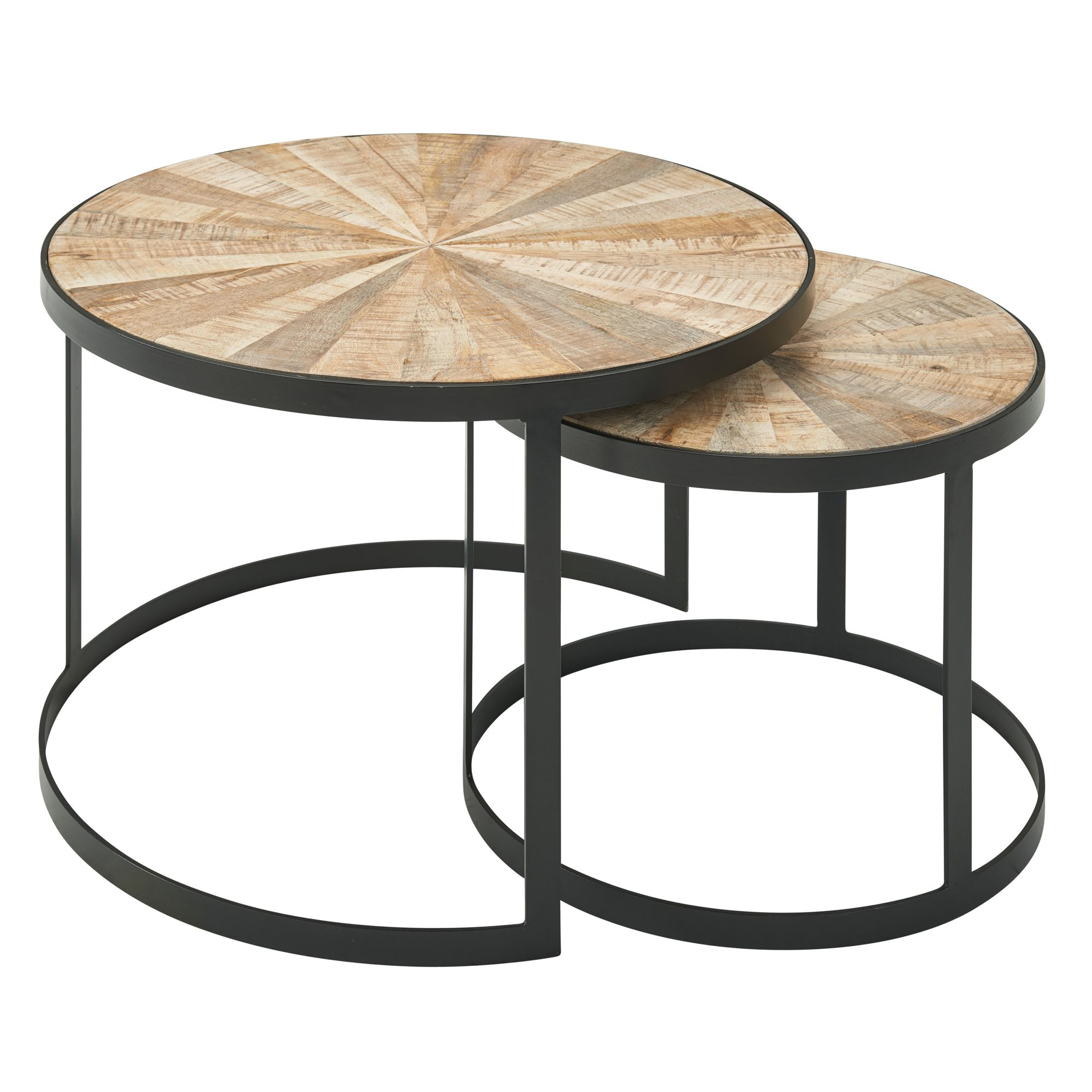 2-Piece Round Coffee Table Set Solid Mango Wood / Black Metal | Brown Top | Dimensions 60x40x60 cm & 45x35x45 cm