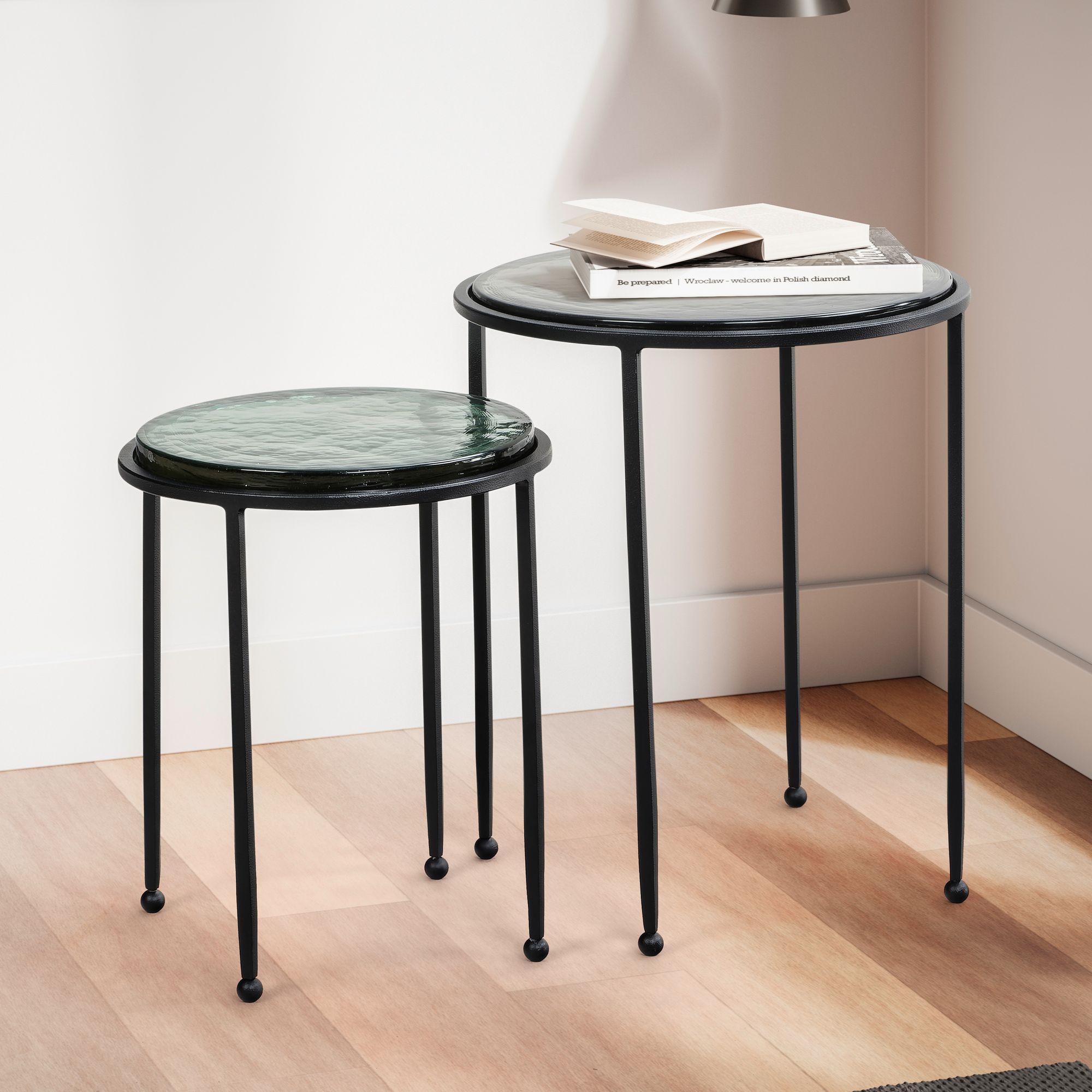 2-Piece Glass and Metal Side Table Set | Green & Black | Multiple Sizes