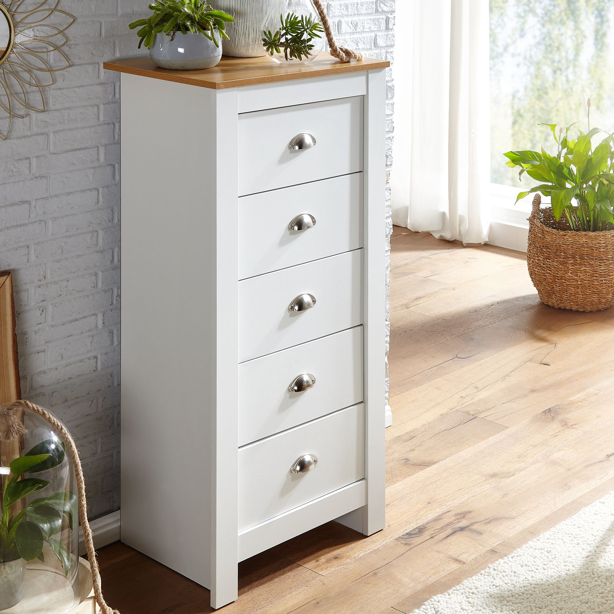 Komoda 5 szuflad Biało-dębowa nowoczesna | 53x114x39 cm | Stylowy mebel do przechowywania
