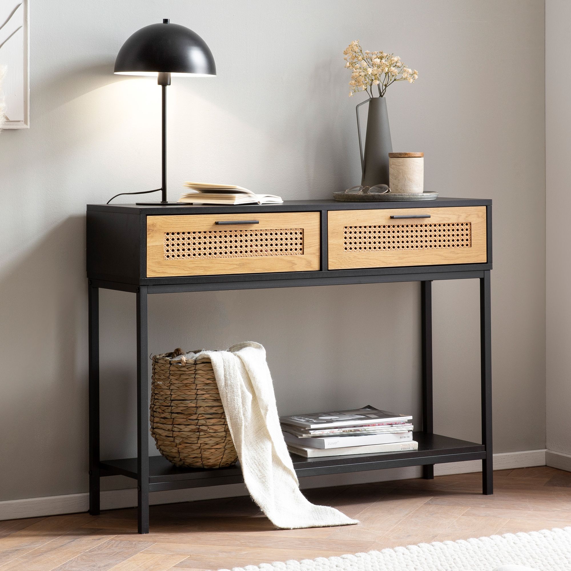 Stół konsolowy  czarny 100x30x75 cm designerski kredens przedpokój, wąski stół do przechowywania z wiedeńską wikliną, stół do przedpokoju z szufladami i półką, stół do przedpokoju długi, wysoki rattan