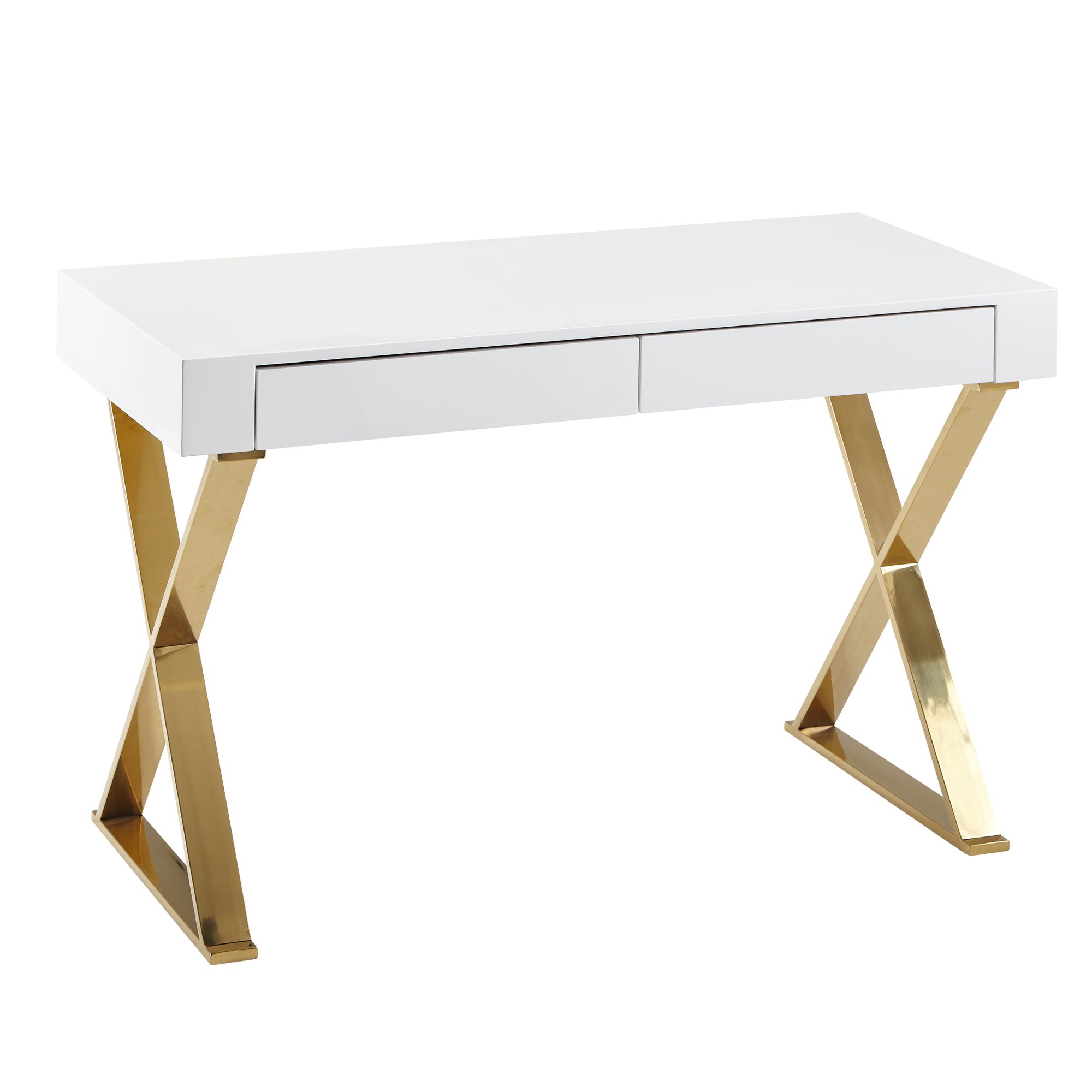 Biurko drewna 118x76x57 cm wysoki połysk białe nogi metalowe złoty