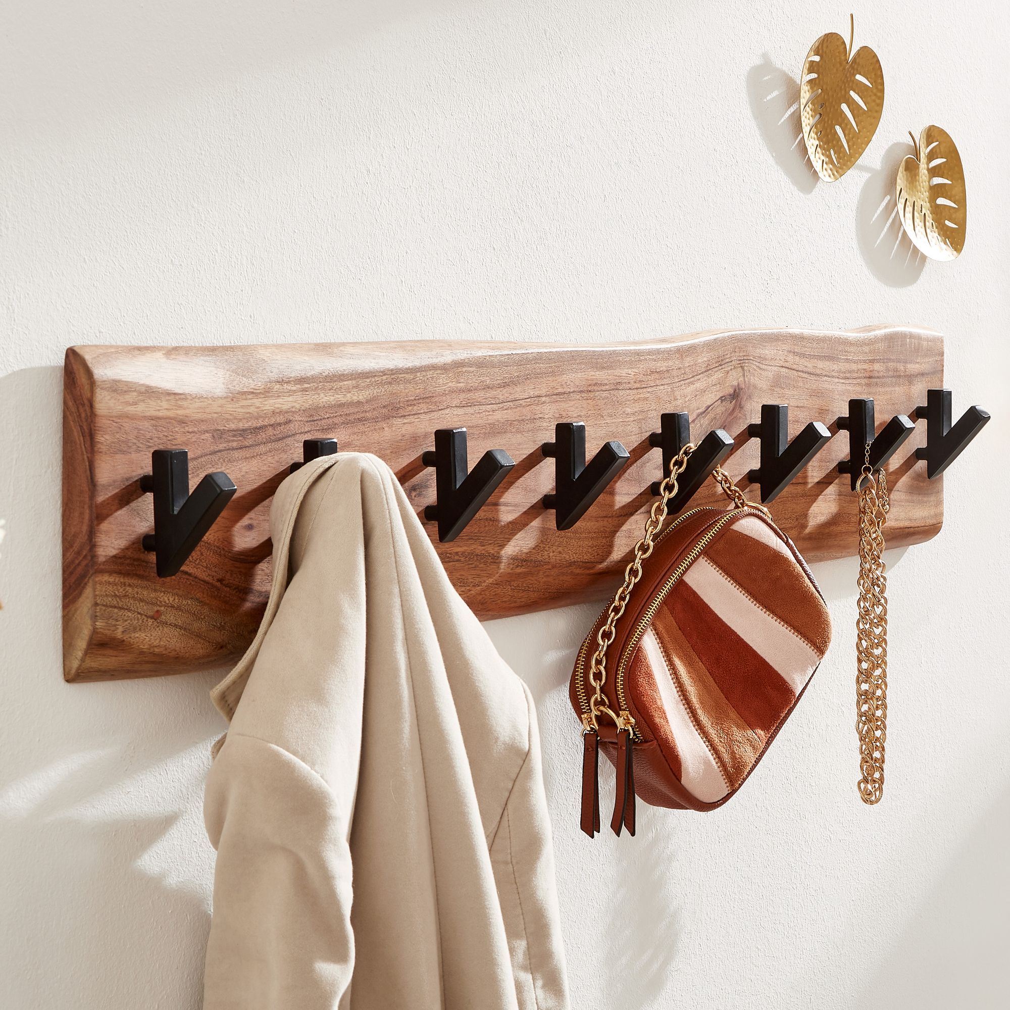 Designerski wieszak na ubrania akacjowe lite drewno / metal 90 x 19 x 9 cm
