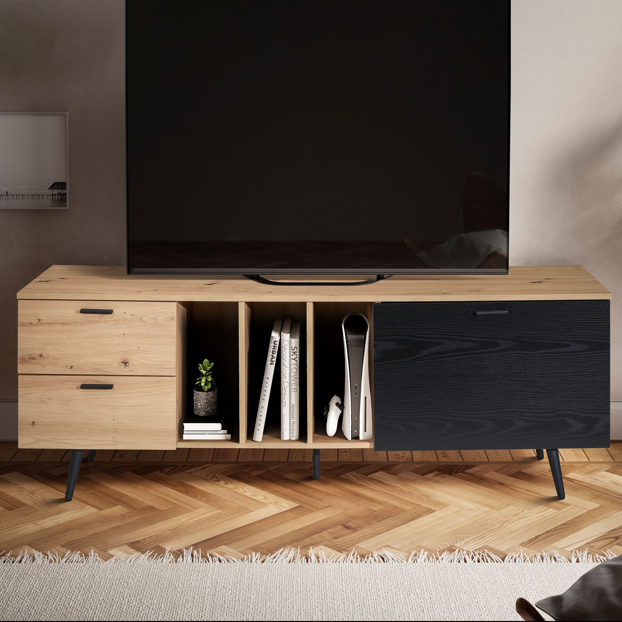 Lowboard oak decor black 150x55x40 cm design tv cabinet modern, tv cabinet high, tv table tv cabinet with door & drawers, tv cabinet living room modern