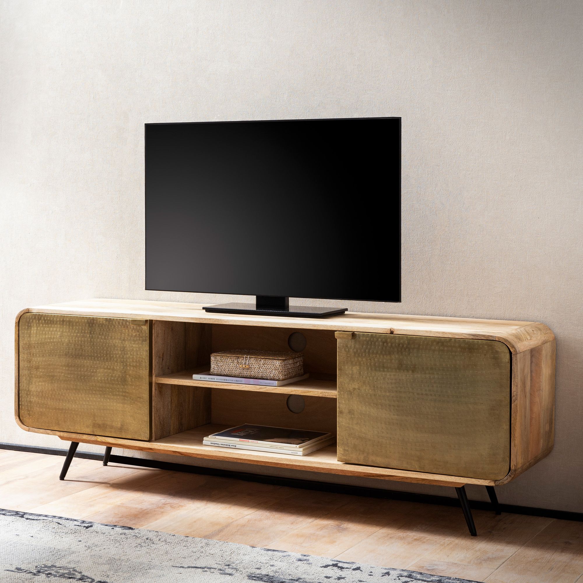 Lowboard mango solid wood 160x55x41 cm tv cabinet with two punched doors, designer tv cabinet high, tv table tv cabinet modern, tv cabinet living room